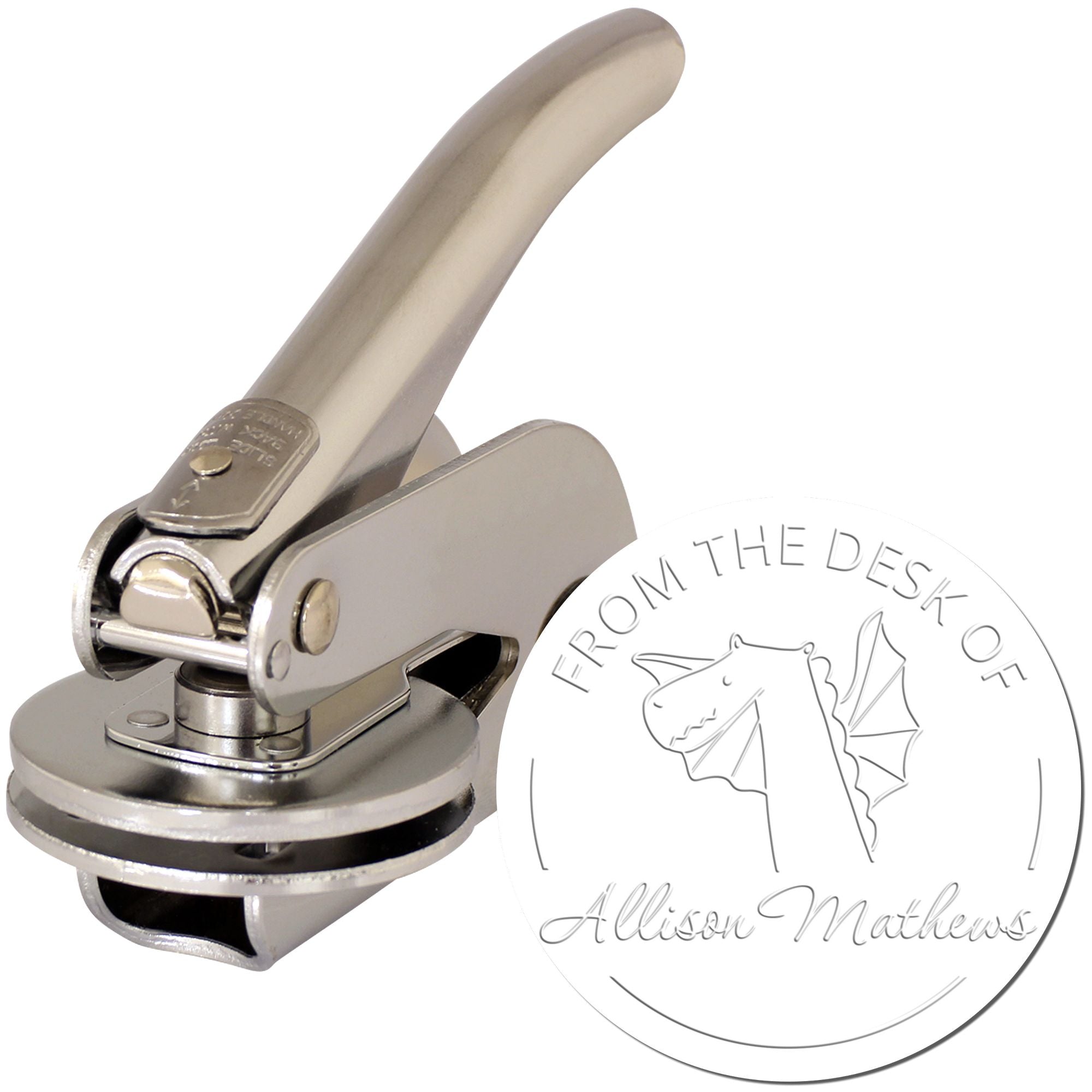 Image of a handheld personalized name seal stamper featuring a SnuggleSnout cartoon animal design. The custom-made new address stamper displays the text "From the Desk of Allison Mathews" with a dragon illustration.
