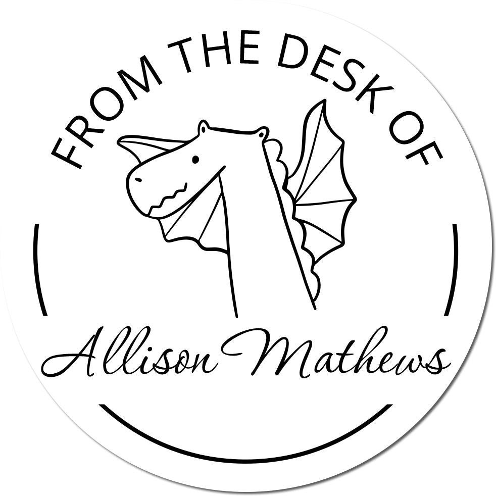 Round stamp with a cartoon dragon labeled 'SnuggleSnout' and text 'From the Desk of Allison Mathews.' Features a wood handle, ideal for a personalized library book 'Belongs To' stamp or customized home stamper.