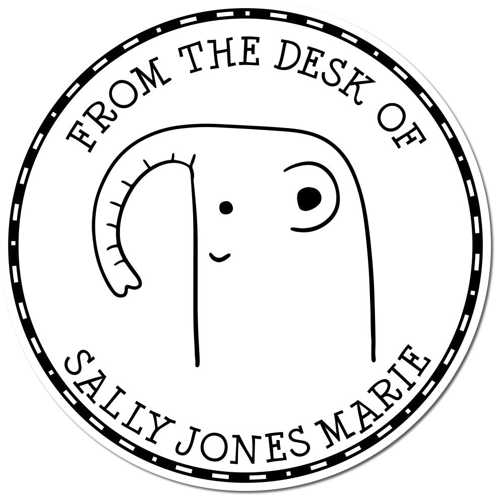 Round stamp design featuring a cute GiggleWiggle cartoon animal with text "From the Desk of Sally Jones Marie." Ideal for a self-inking, custom-made book library name stamp or a customized return mail stamper.