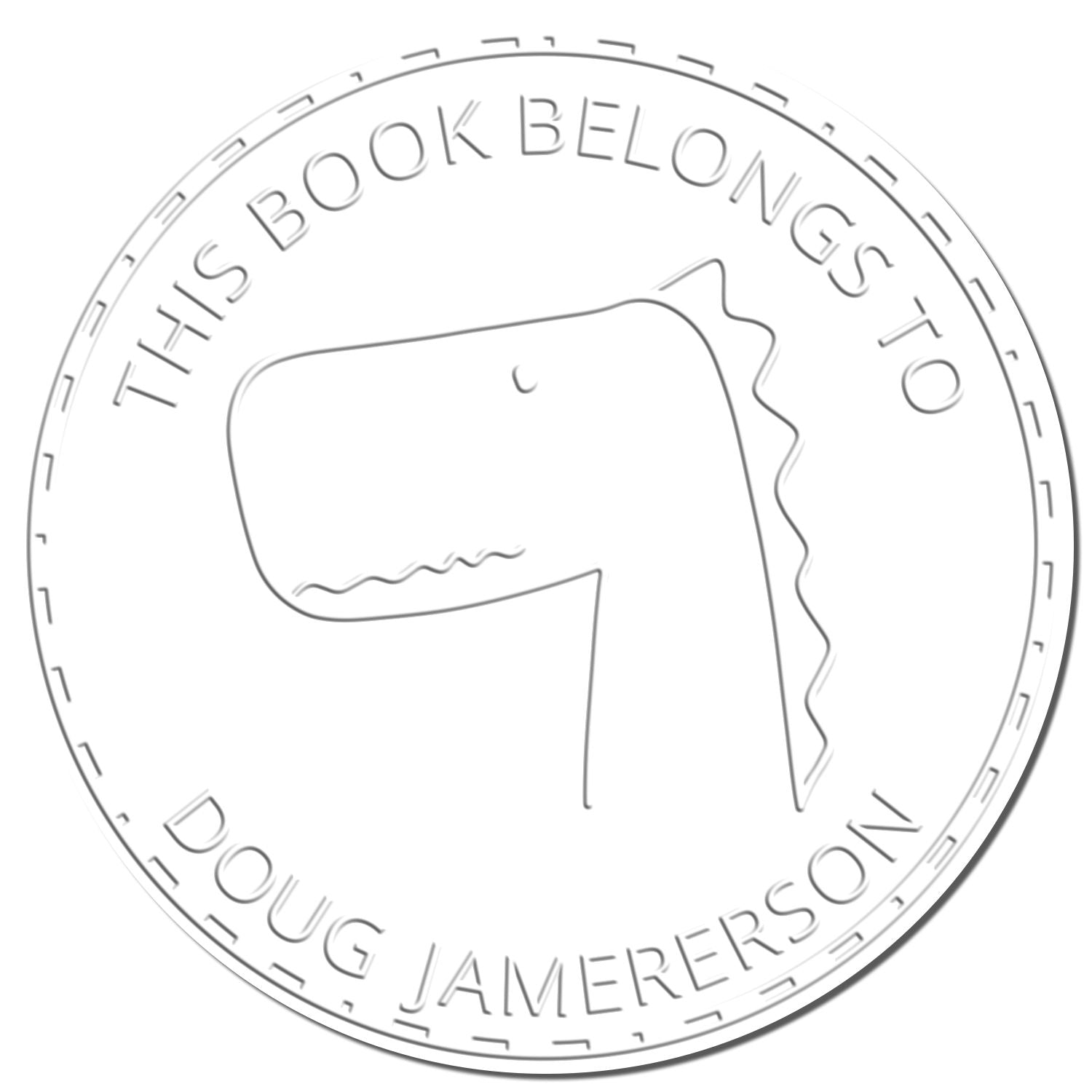 Cartoon animal design from JellyBeanJump on a custom-made embosser. The circular stamp reads "This Book Belongs To Doug Jamerson," ideal for a custom address stamp.