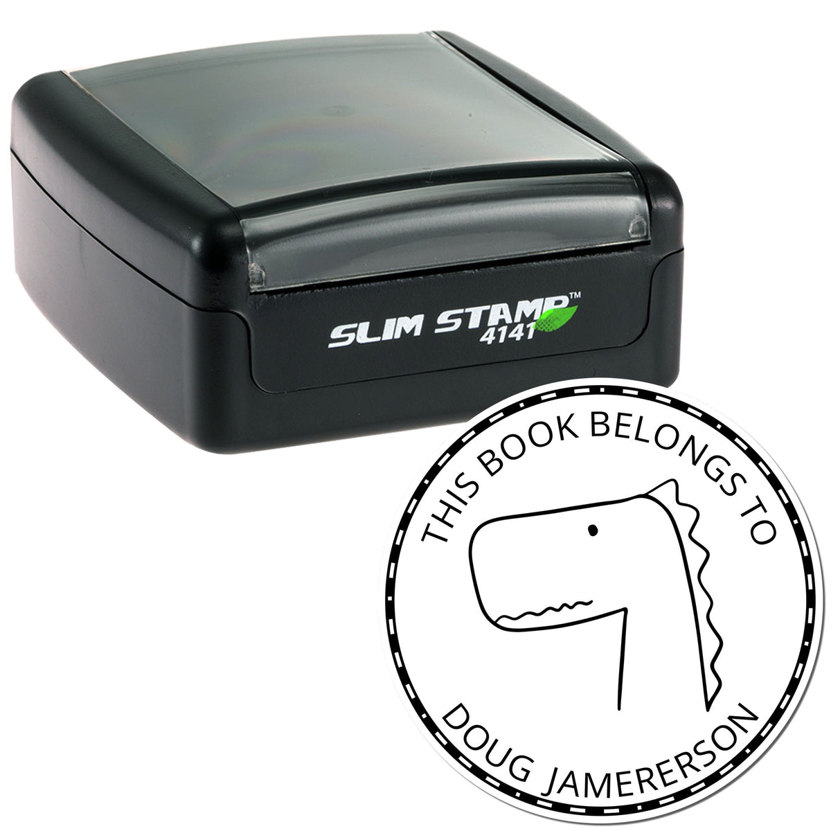 Slim Pre-Inked JellyBeanJump Cartoon Animal Custom Bookplate Design Stamp featuring a dinosaur illustration. Personalizable Mailing Stamper with "This Book Belongs To" text and space for a name. Black casing with "Slim Stamp 4141" label.