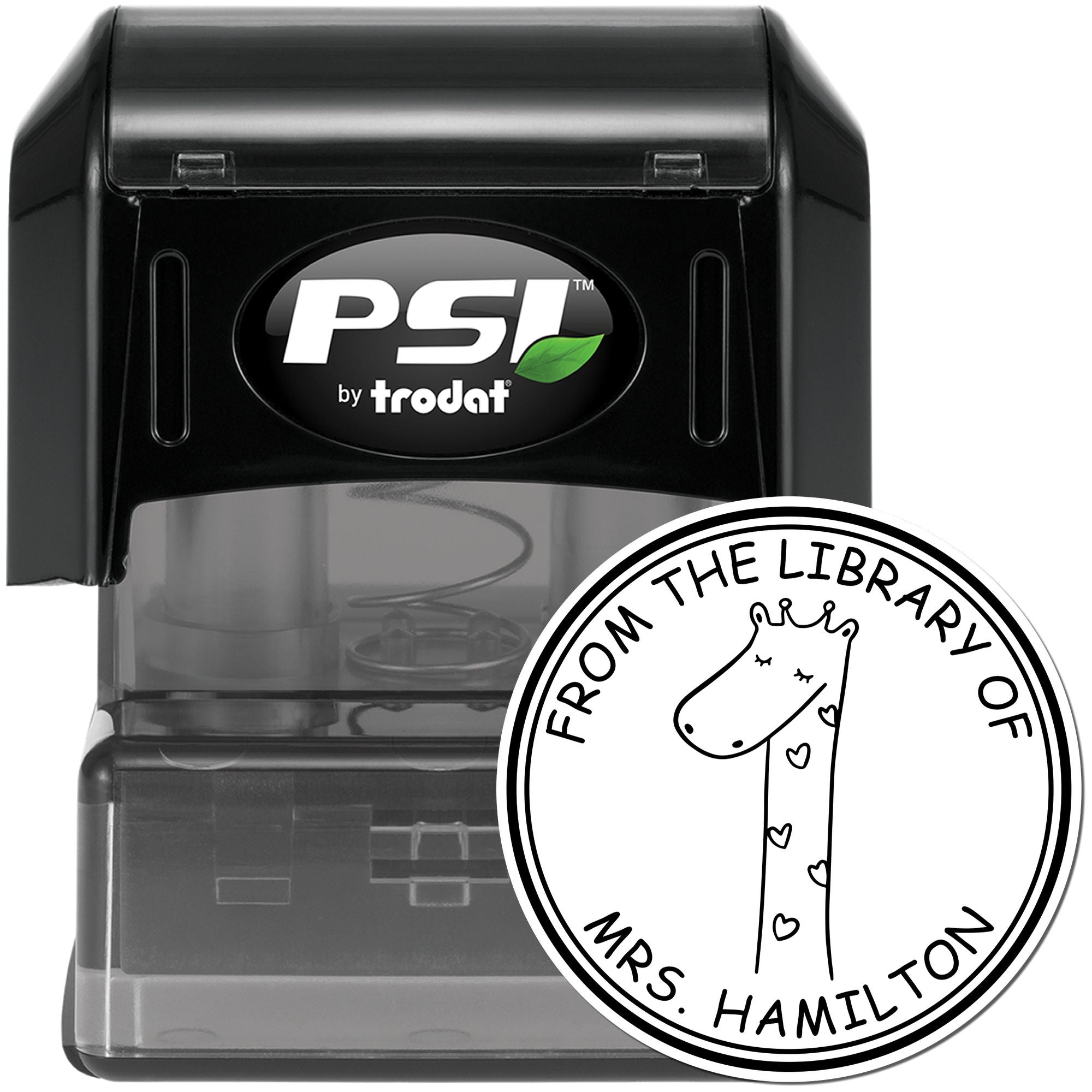 SquiggleSquash Cartoon Animal Pre-Inked Customizable From The Private Library Of Stamp featuring a giraffe with hearts, alongside a Custom Address Stamp. The stamp is black with a clear base and PSI logo.