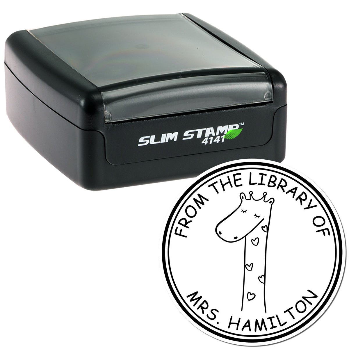 Image of a Slim Pre-Inked SquiggleSquash Cartoon Animal Custom Bookplate Label Stamp featuring a giraffe design. The stamp is personalized with "From the Library of Mrs. Hamilton" and is ideal as a Personalized Home Stamp.