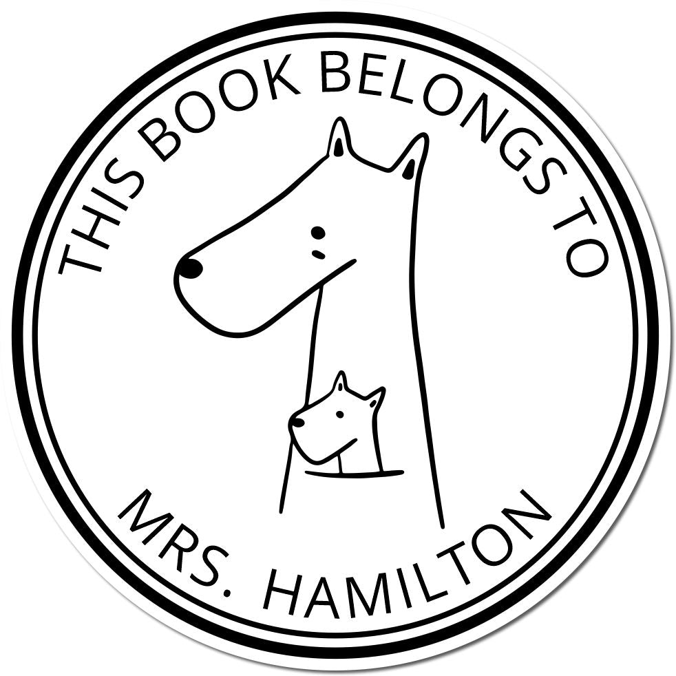 Circular stamp design featuring a cartoon animal with a larger and smaller figure, labeled This Book Belongs To Mrs. Hamilton. Keywords: Wood Handle MuddleMoo Cartoon Animal Customized Ex Libris Stamp, Personalizable Return Mail Stamp.