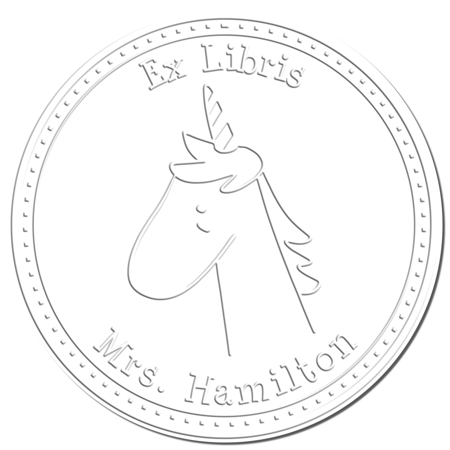 GlimmerGlide Cartoon Animal Handheld Personalized Ex Libris Book Embosser featuring a unicorn design with 'Ex Libris' and 'Mrs. Hamilton' text. Also serves as a Customized Return Mail Stamper, showcasing a circular embossed imprint.