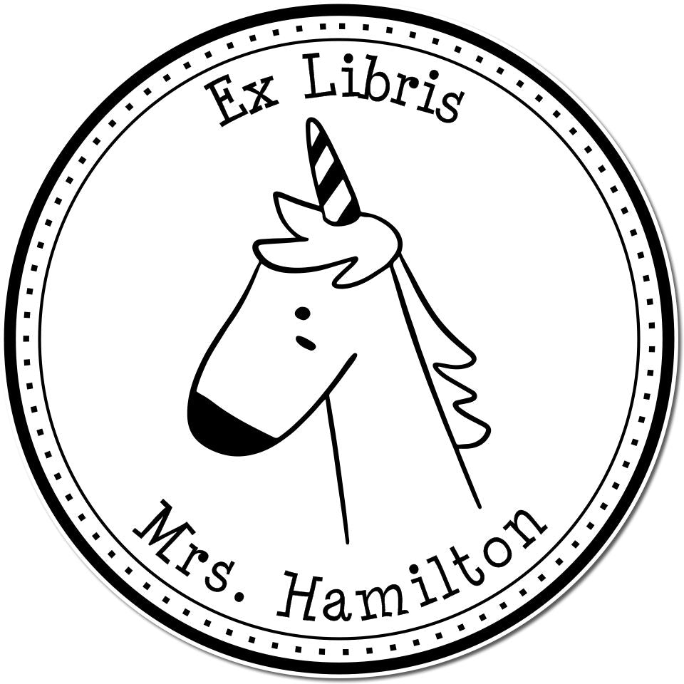 GlimmerGlide Cartoon Animal Self-Inking Custom-Made Library Collection Stamp featuring a unicorn with "Ex Libris" and "Mrs. Hamilton" text. Ideal as a Custom Address Stamper for personalizing books or mail. Circular design with dotted border.