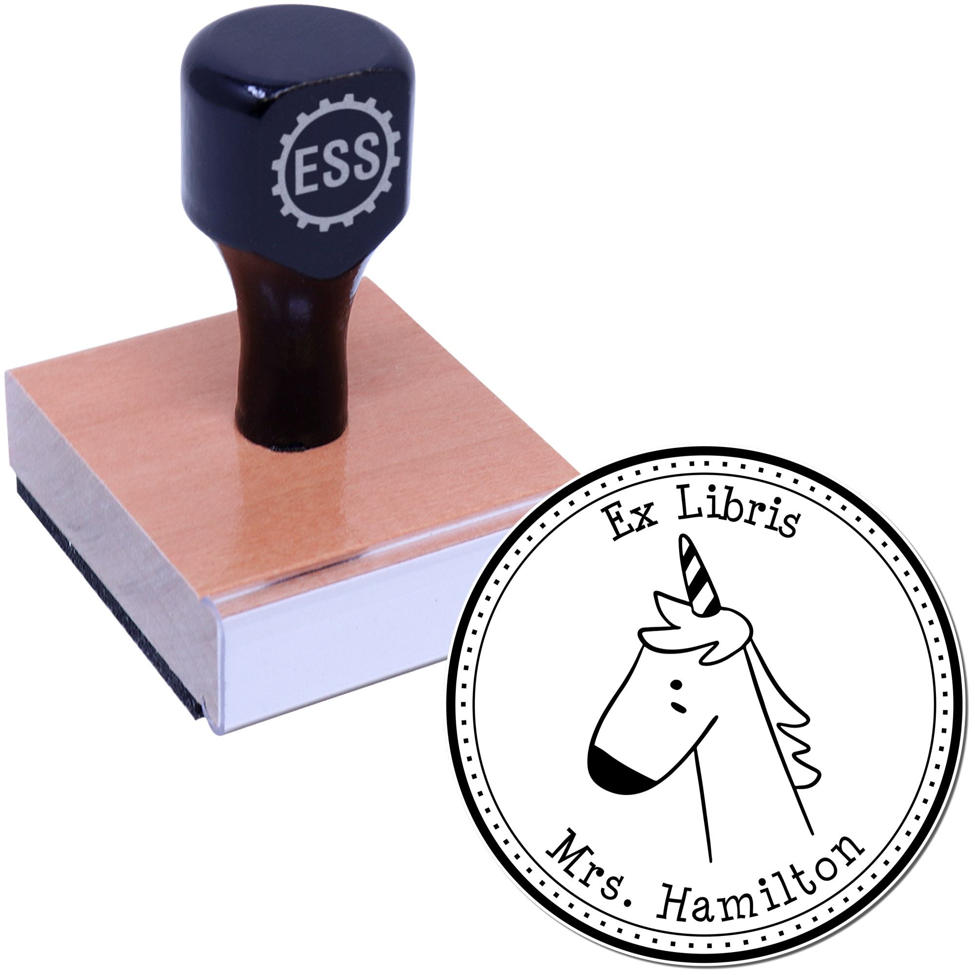 Wood handle stamp with "ESS" logo, featuring a GlimmerGlide cartoon animal design for a customized Ex Libris bookplate. Includes a custom new address stamp option.