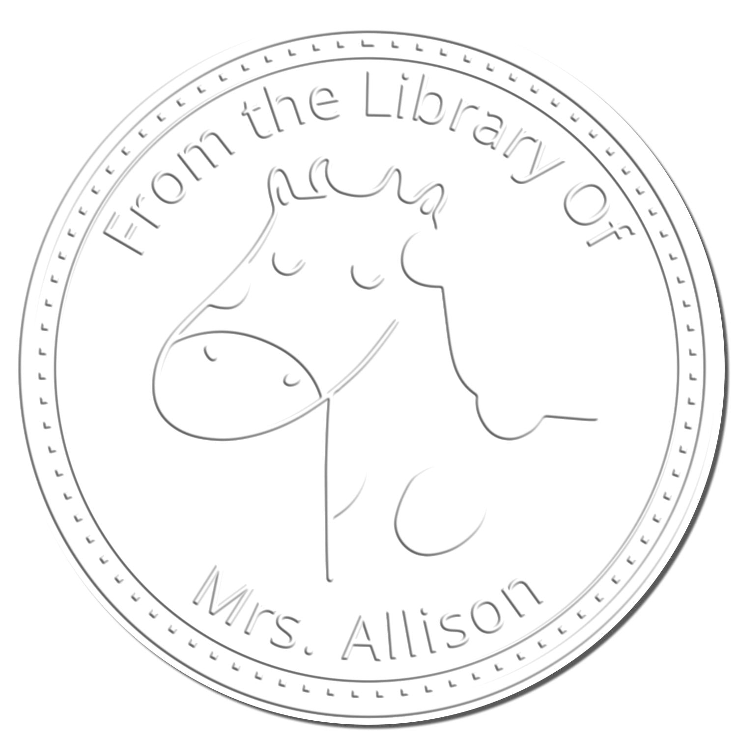 Embossing seal featuring a BoopSnoot cartoon animal hybrid with text 'From the Library Of Mrs. Allison.' The design resembles a custom mailing stamp, customized from the bookshelf. The seal is circular with a playful animal illustration.