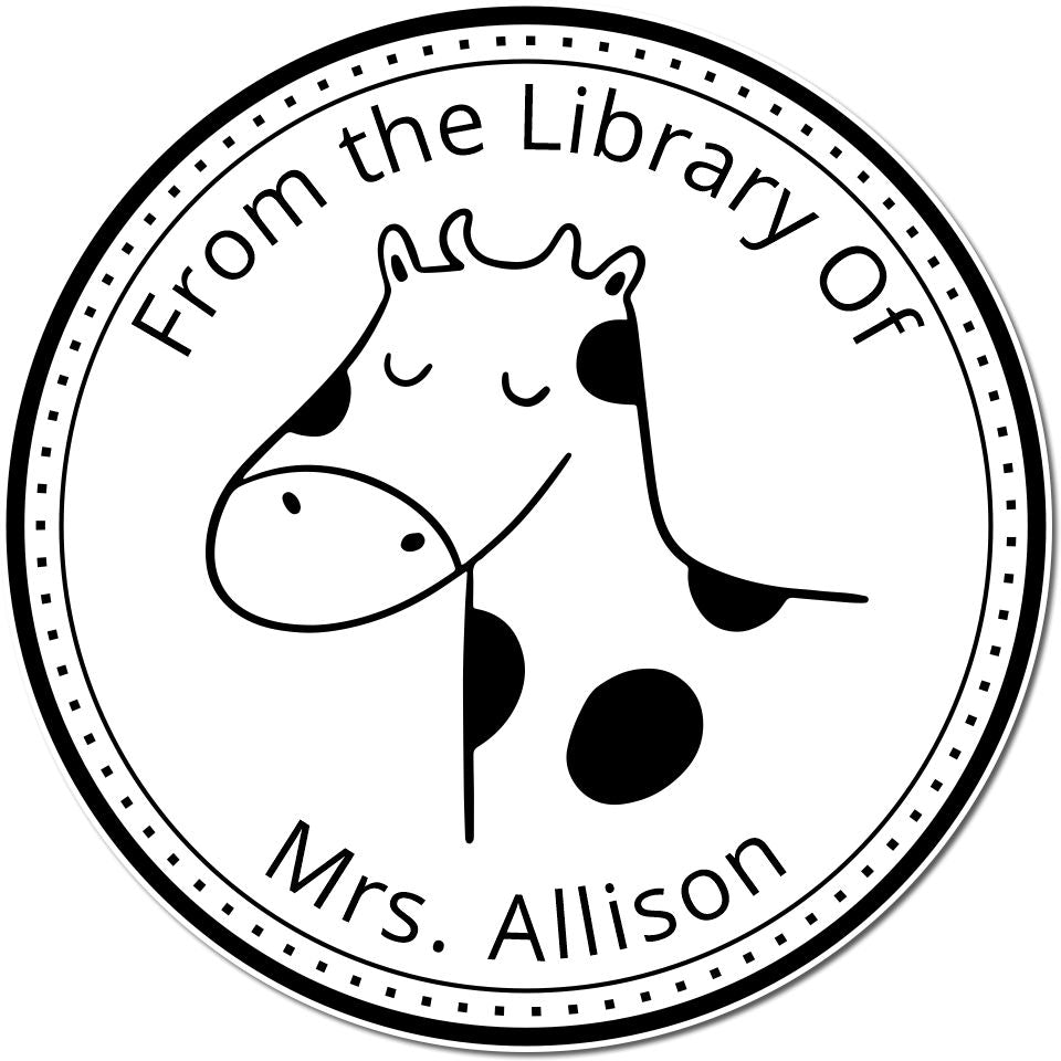 BoopSnoot cartoon animal self-inking custom-made stamp featuring a smiling giraffe with text "From the Library Of Mrs. Allison." This customized home stamper is perfect for personalizing books.