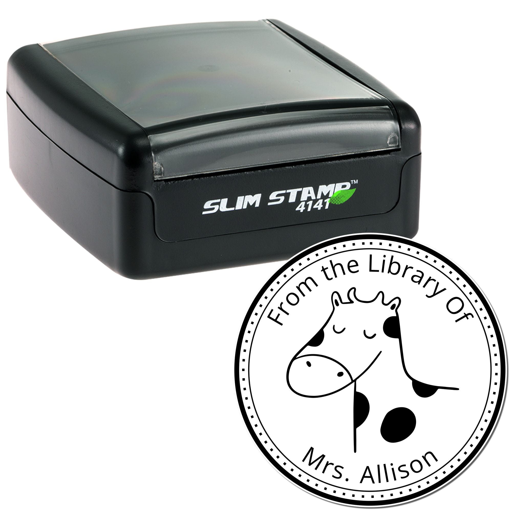 Slim Pre-Inked BoopSnoot Cartoon Animal Custom Bookplate Printing Stamp featuring a cute giraffe design. The stamp is black and compact, ideal for personalized bookplates. Also serves as a Customized Mailing Stamper for personal or professional use.