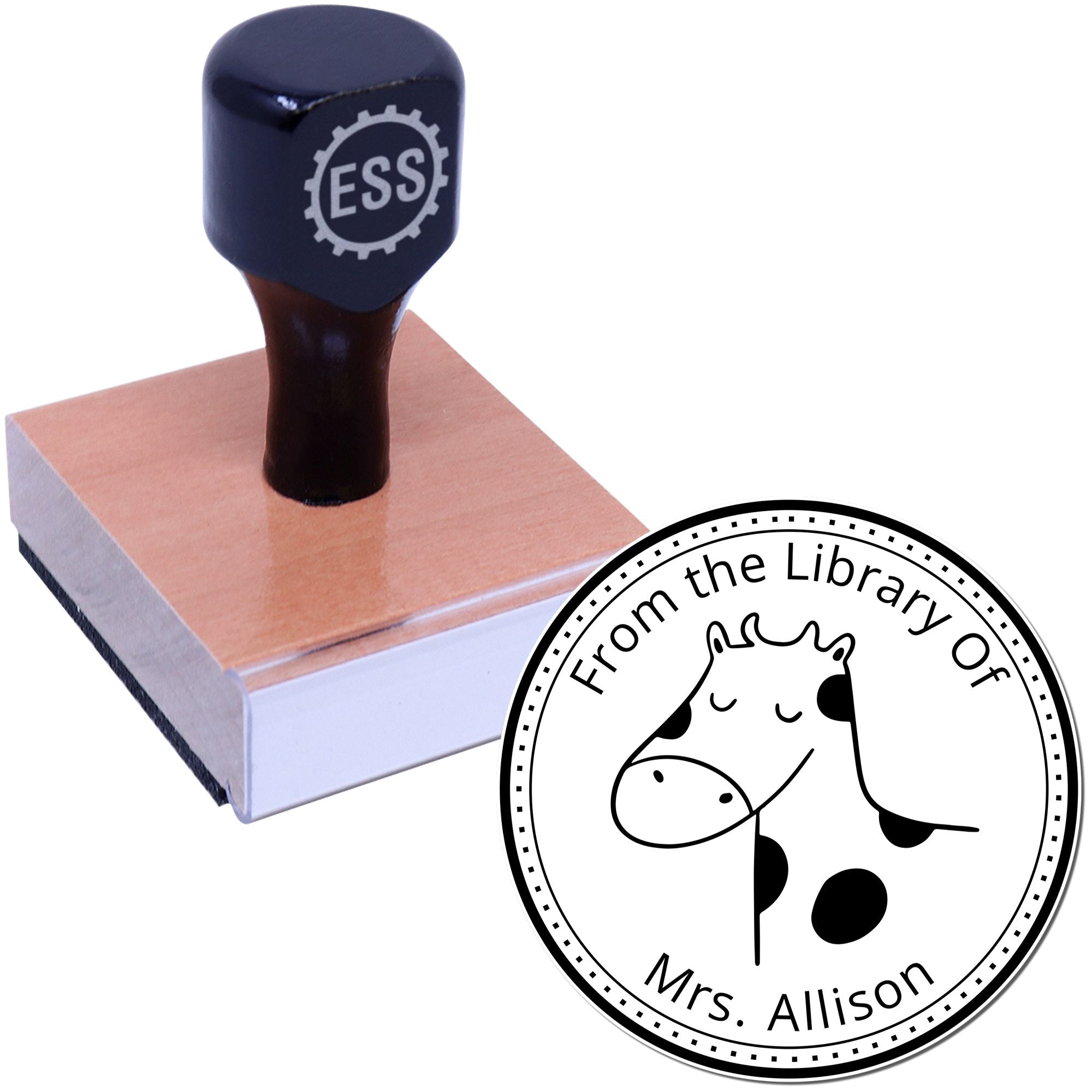 Wood handle stamp with "ESS" logo, featuring a BoopSnoot cartoon animal design. The stamp is a customized Ex Libris art stamp, ideal as a customizable home stamper. The circular design includes "From the Library Of Mrs. Allison."