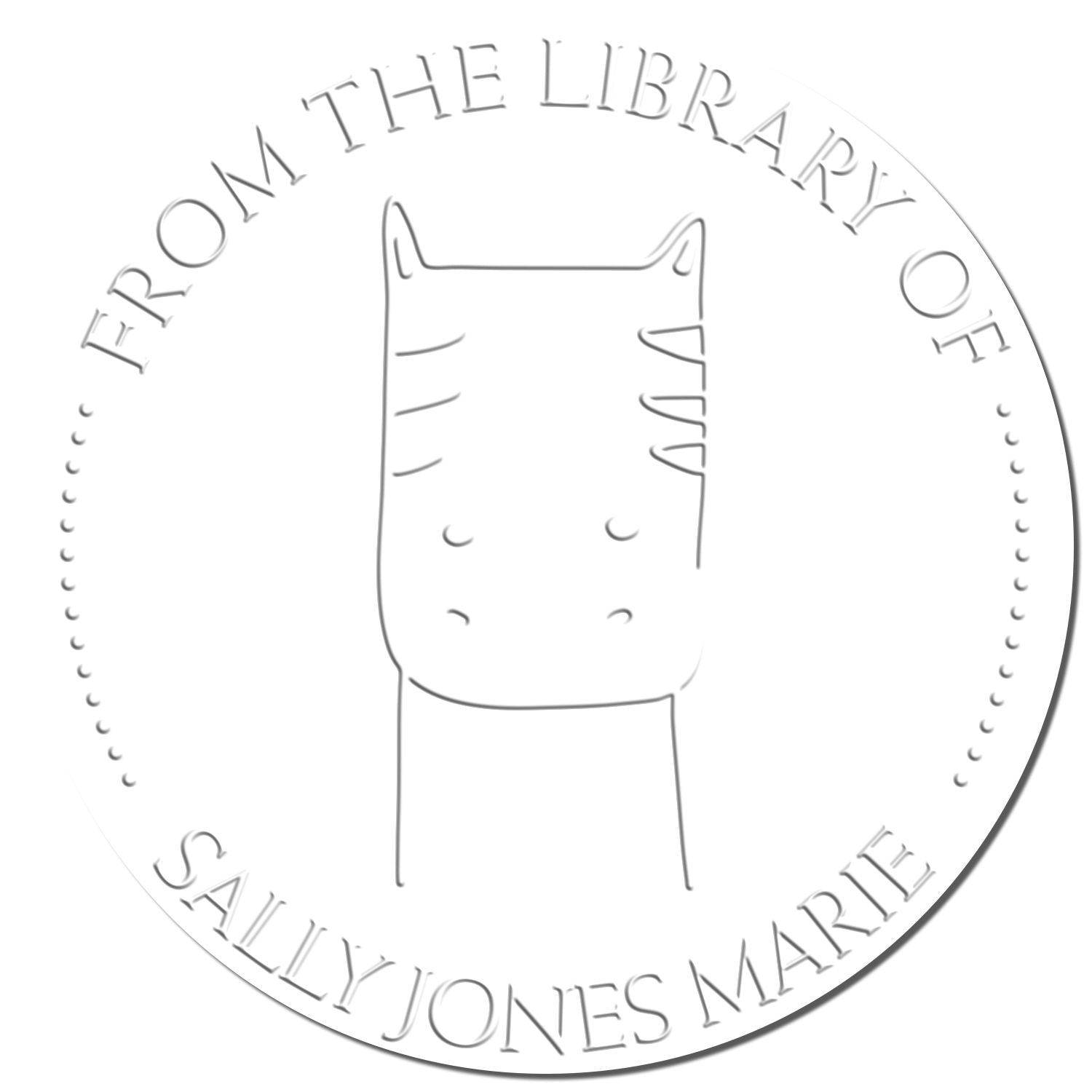 Embossed seal featuring a PuzzlePounce cartoon animal hybrid with a customized name for books. Text reads 'From the Library of Sally Jones Marie.' Ideal for a personalized address stamper or embosser.