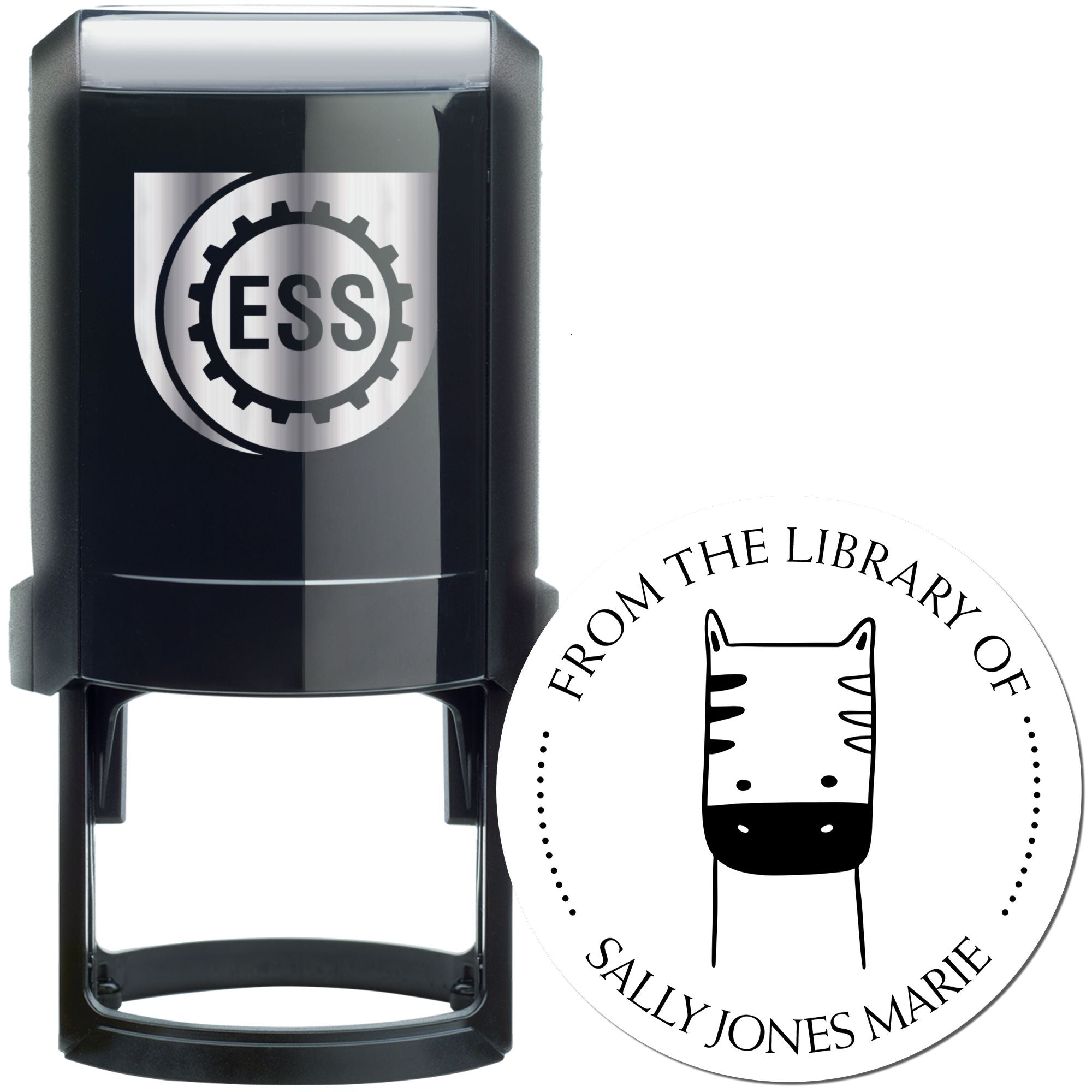 PuzzlePounce Cartoon Animal Self-Inking Custom-Made Stamp featuring a zebra design with text 'From the Library Of Sally Jones Marie.' The Custom Home Stamper is black with an ESS logo, ideal for personalizing items from the office.