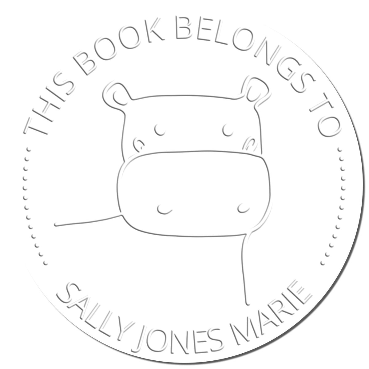 TizzyTwitch Cartoon Animal Hybrid Customized Name For Books Seal featuring a hippo design with text "This Book Belongs To" and "Sally Jones Marie." Ideal as a Personalizable New Address Stamp for book personalization.