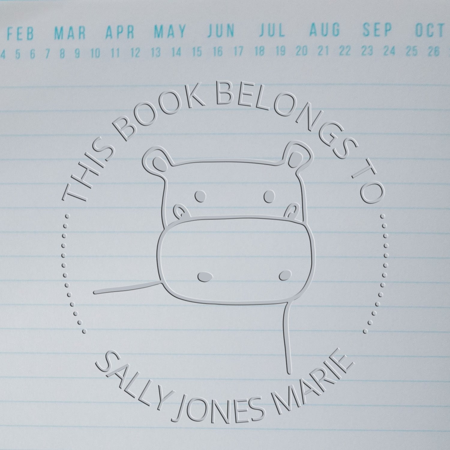 Soft TizzyTwitch cartoon animal embossing seal on a custom-made book page with the text "This Book Belongs To Sally Jones Marie." Features a personalizable address stamper design with a monogram. Background shows a calendar with months and dates.