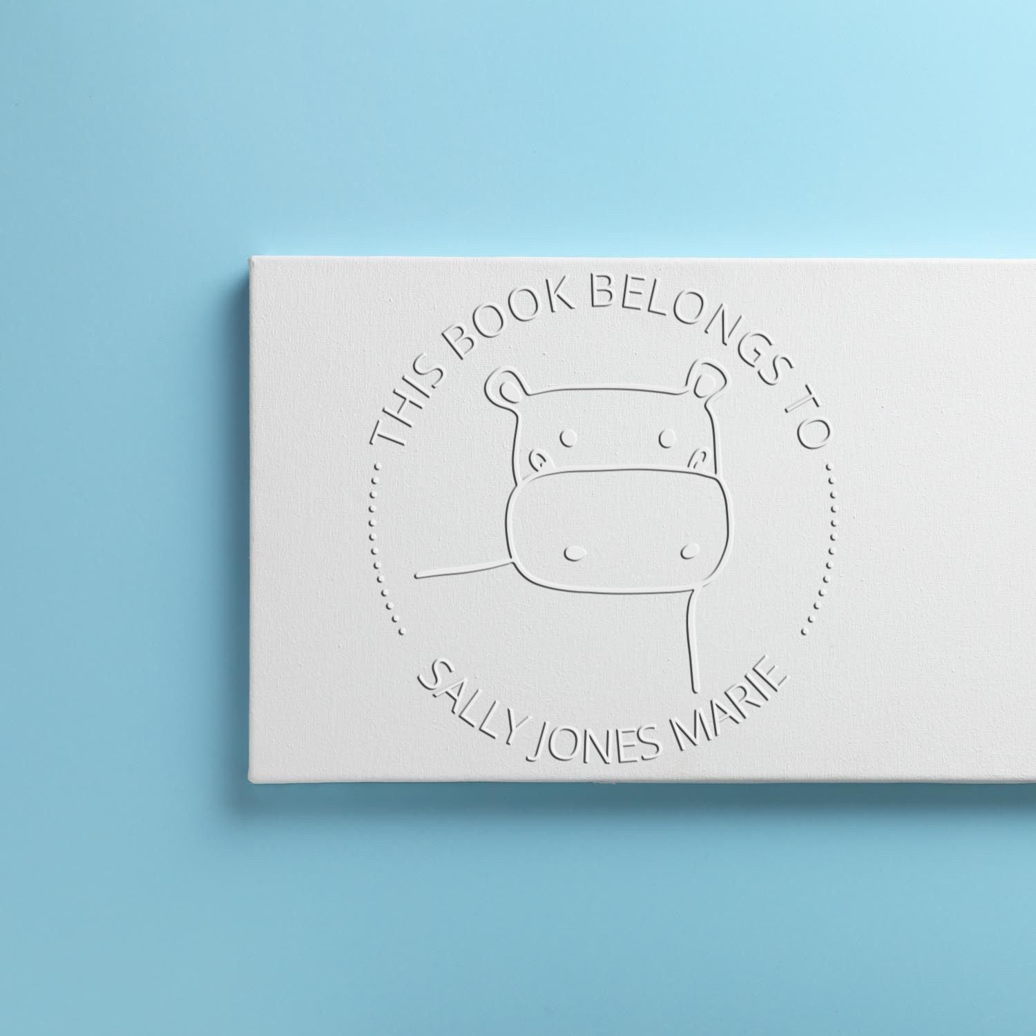 A TizzyTwitch cartoon animal embosser on a white surface, featuring a hippo design with the text "This Book Belongs To Sally Jones Marie." It's a personalized library collection embosser, resembling a custom-made mailing stamp, set against a light blue background.