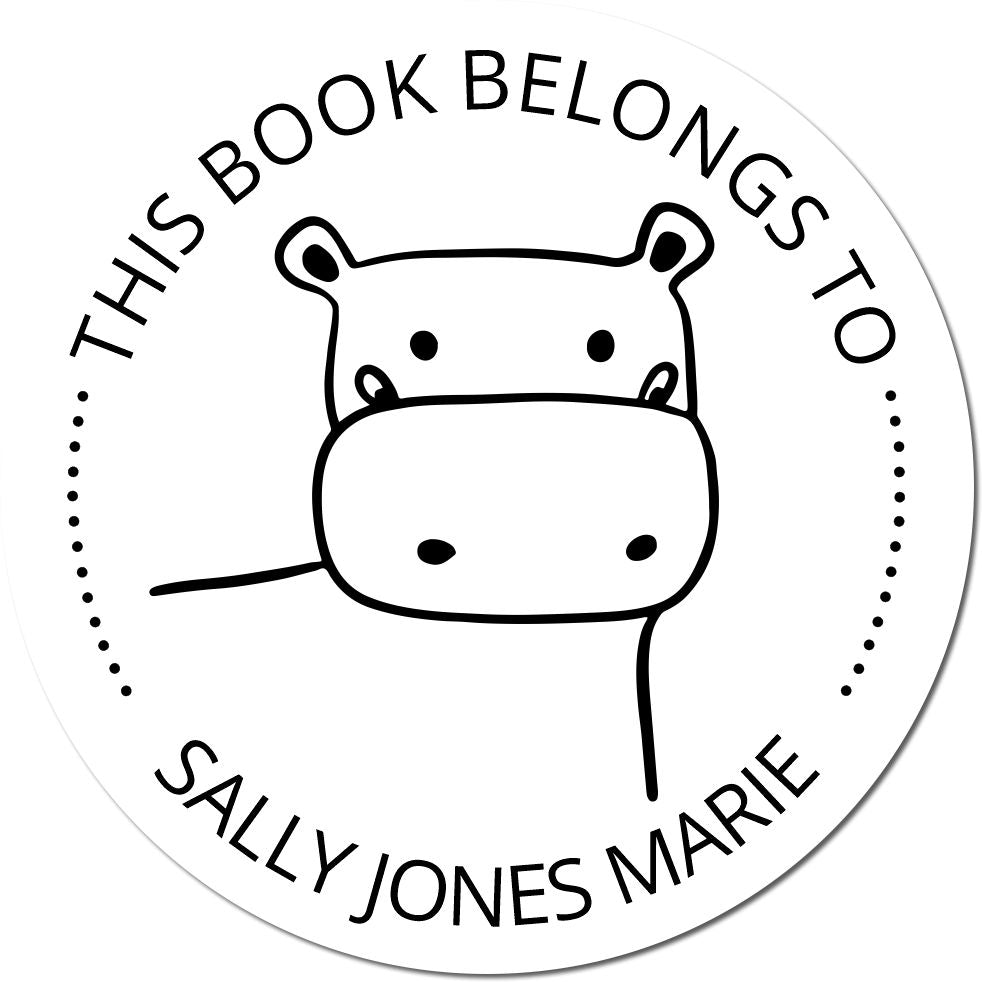 Cartoon animal self-inking stamp featuring a hippo with text "This Book Belongs To Sally Jones Marie." Ideal for a home library, this TizzyTwitch custom-made stamp doubles as a customized return mail stamper.