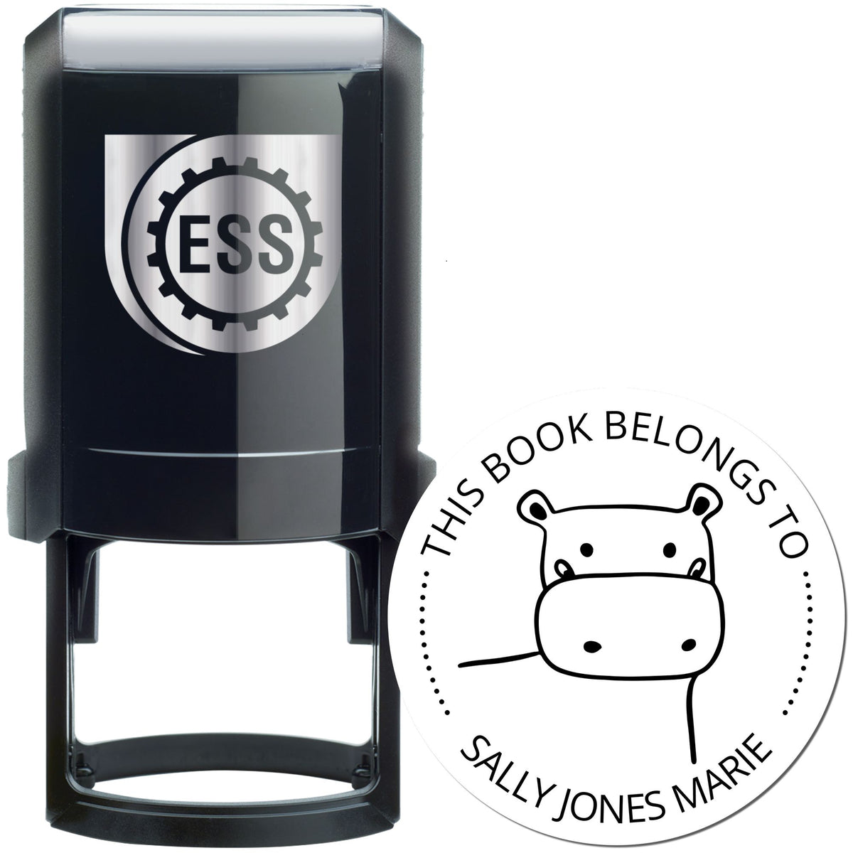 TizzyTwitch Cartoon Animal Self-Inking Custom-Made Home Library Stamp featuring a hippo design. The customized home stamp reads 'This Book Belongs To Sally Jones Marie' with a black self-inking mechanism beside it.