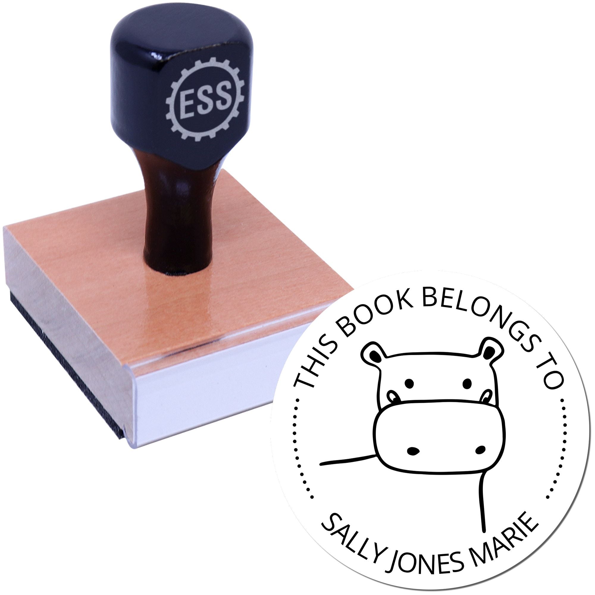 Wood handle stamp with "ESS" logo, featuring a TizzyTwitch cartoon animal design. The customized book stamp reads "This book belongs to Sally Jones Marie." Includes a custom new address stamp option.