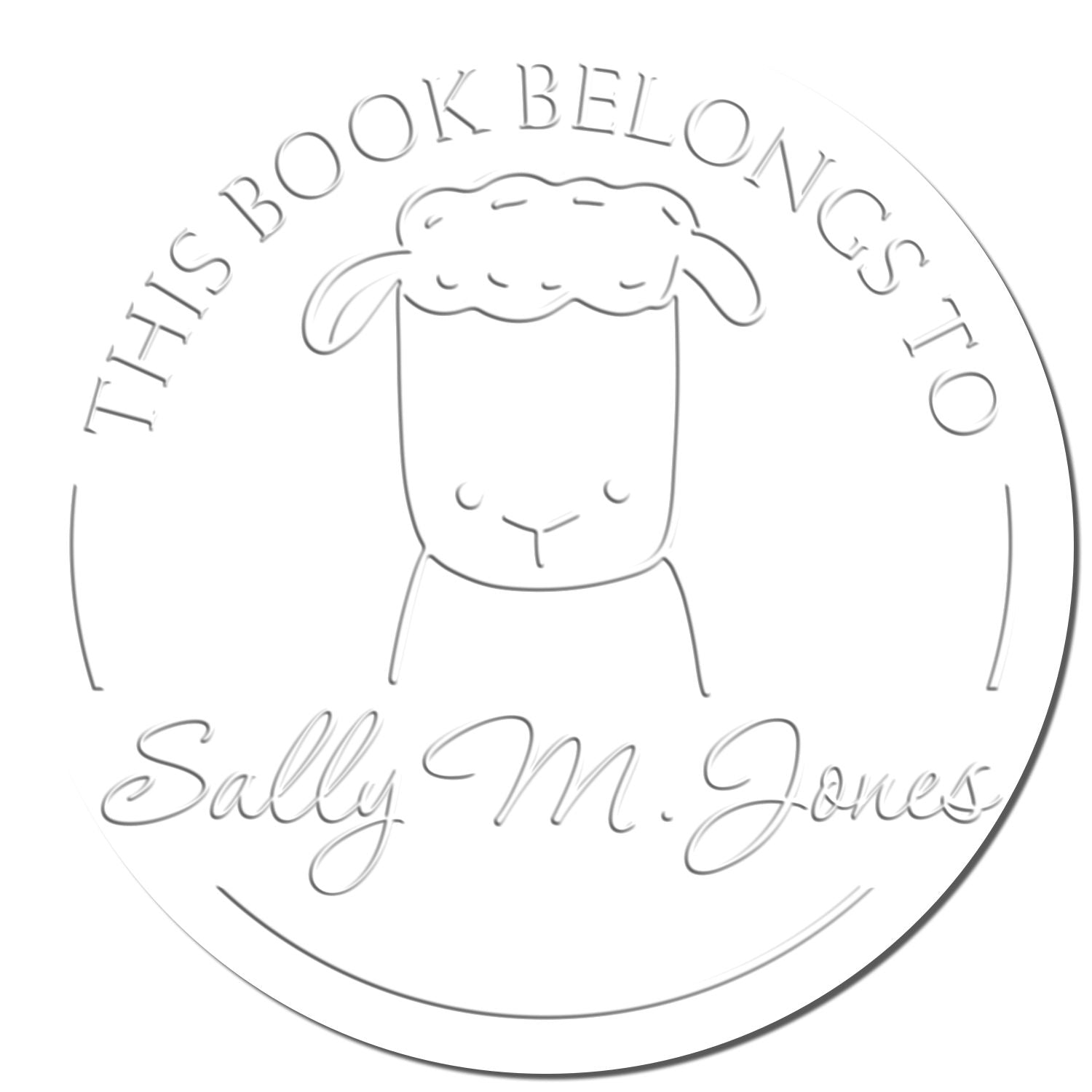 Embossed design featuring a Soft TwirlTail Cartoon Animal on a Custom-Made Book Initial Embosser. The text reads 'This Book Belongs To Sally M. Jones.' Ideal for a Customized Home Stamper, adding a personal touch to books.