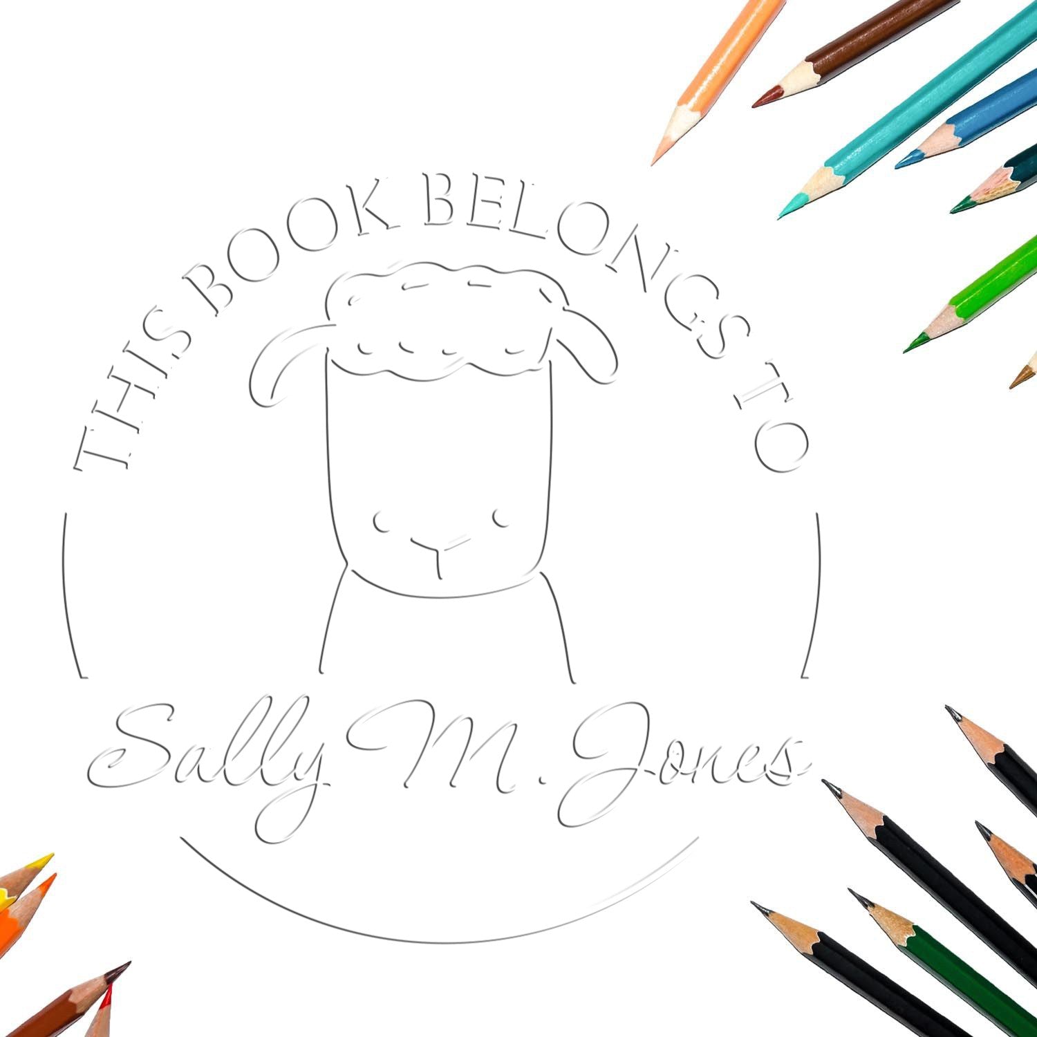 A Soft TwirlTail Cartoon Animal Custom-Made Book Initial Embosser design featuring a cute animal with a fluffy tail and the text This Book Belongs To Sally M. Jones. Colored pencils surround the embosser. Mention of a Customized New Address Stamper.