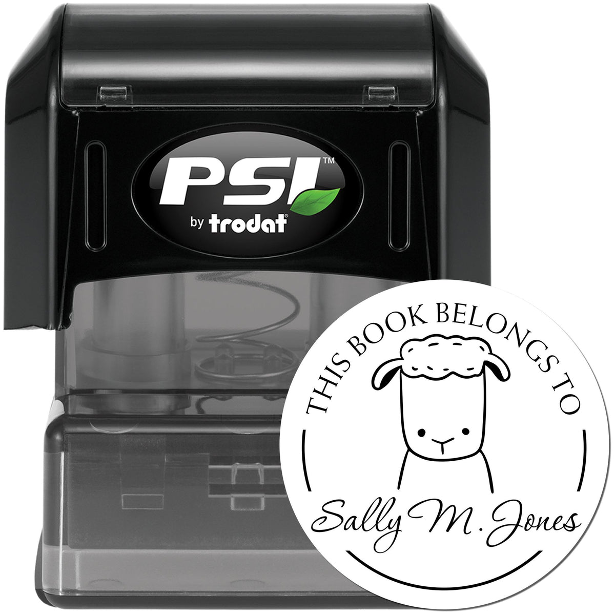 TwirlTail Cartoon Animal Pre-Inked Customizable Book Library Stamp featuring a cute animal design. The custom stamp displays 'This Book Belongs To' with space for a name, shown as 'Sally M. Jones'. Black casing with PSI branding.