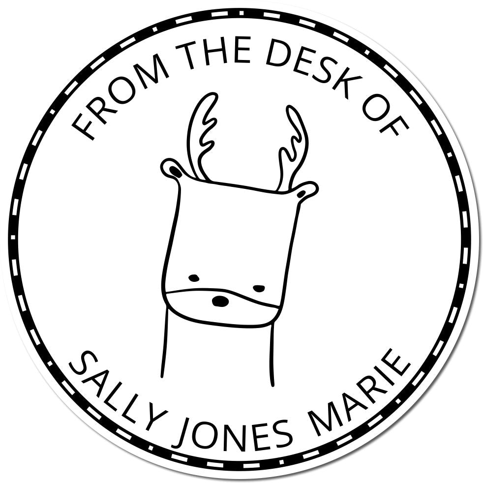 Custom-Made Home Stamper featuring a MerryMuzzle cartoon animal with antlers. The circular design includes 'From the Desk of Sally Jones Marie.' Wood Handle MerryMuzzle Cartoon Animal Customized Library Stamp.