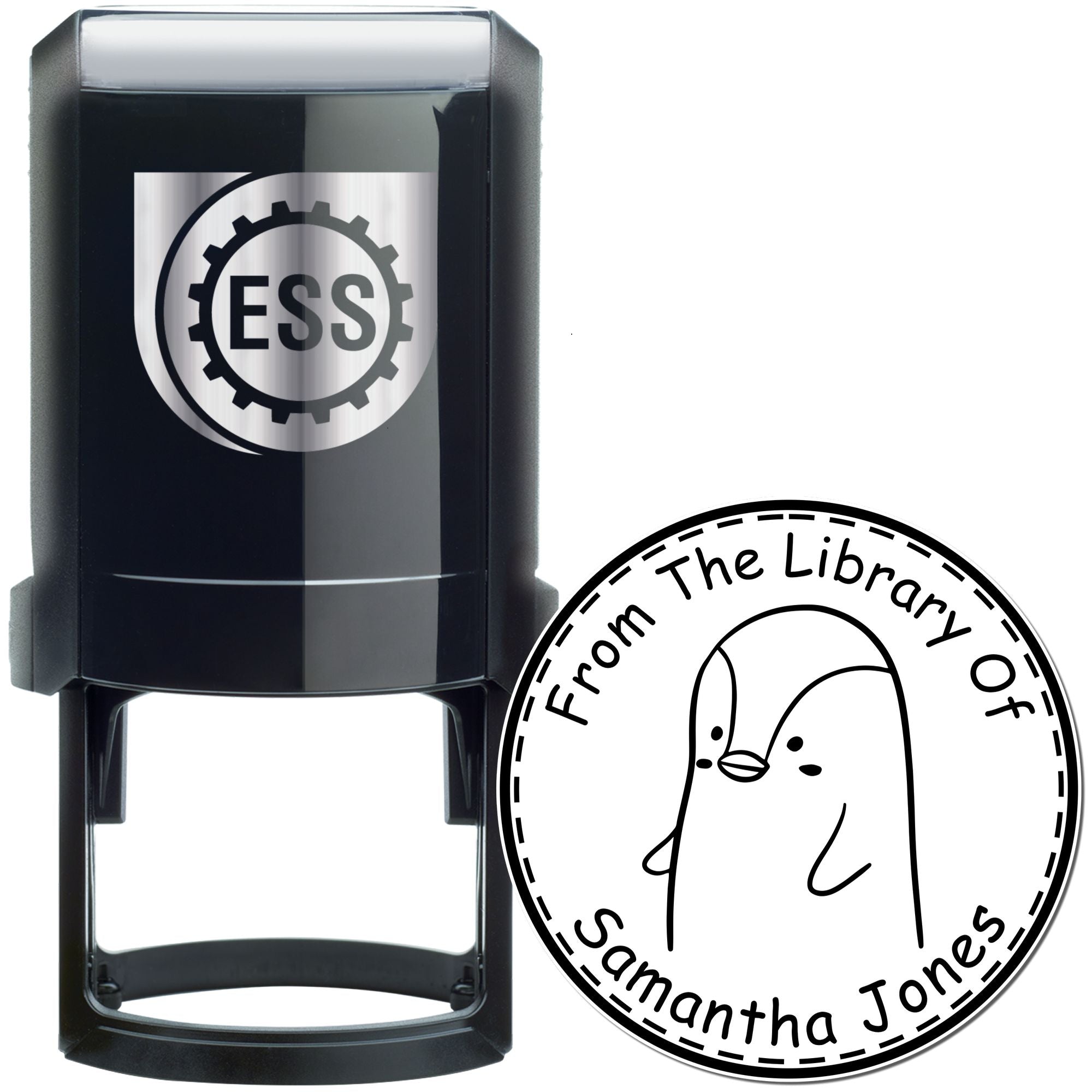 PebbleWobble Cartoon Animal Self-Inking Custom-Made Book Mark Stamp featuring a cute penguin design with text "From The Library Of Samantha Jones." The Custom Home Stamper is black with an ESS logo, ideal for personalizing books.