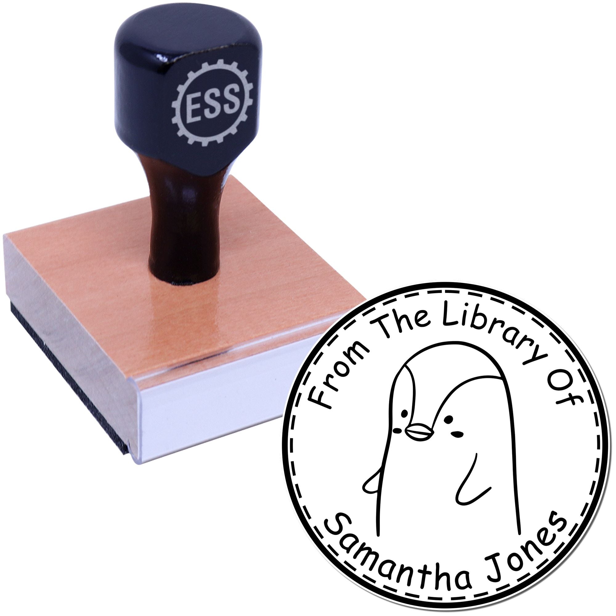 Wood handle stamp with "ESS" logo, featuring a PebbleWobble cartoon animal design. Includes a customized bookplate stamp with "From The Library Of Samantha Jones" and a custom-made address stamp option.