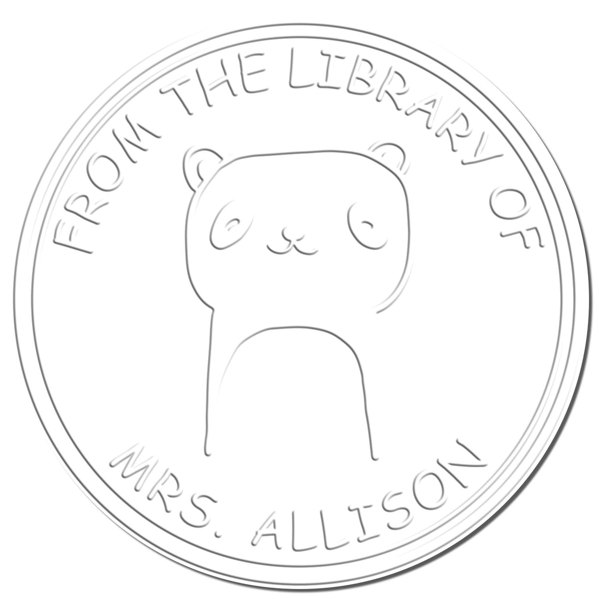 Embossed seal featuring a TumbleTuft cartoon animal hybrid from the collection of Embosser. The design includes a personalized return mail stamper with the text "From the Library of Mrs. Allison" encircling the cute animal illustration.