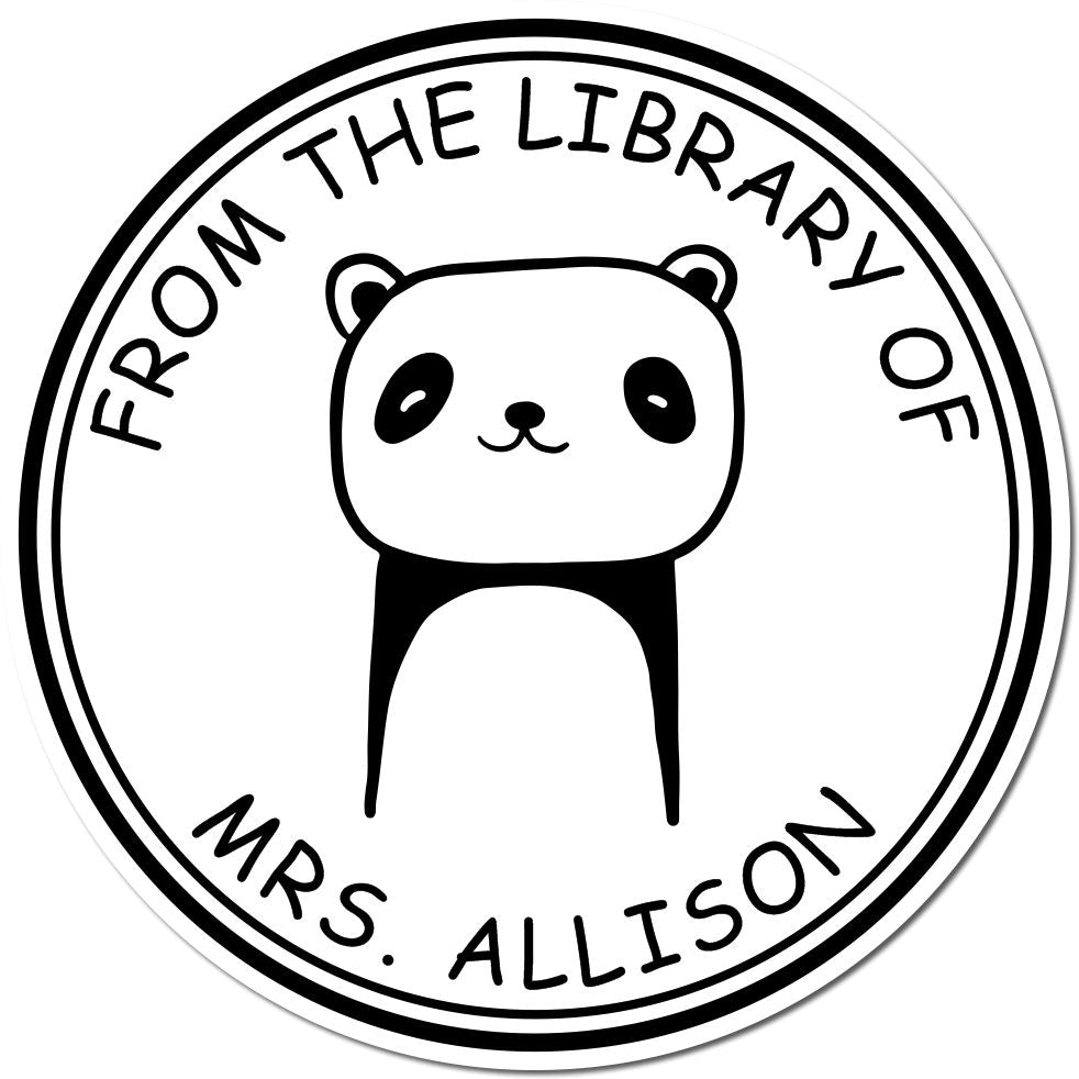 Cartoon animal stamp with a wood handle TumbleTuft design, featuring a cute panda and the text "From the Library of Mrs. Allison." This personalizable return mail stamper is perfect for book lovers.