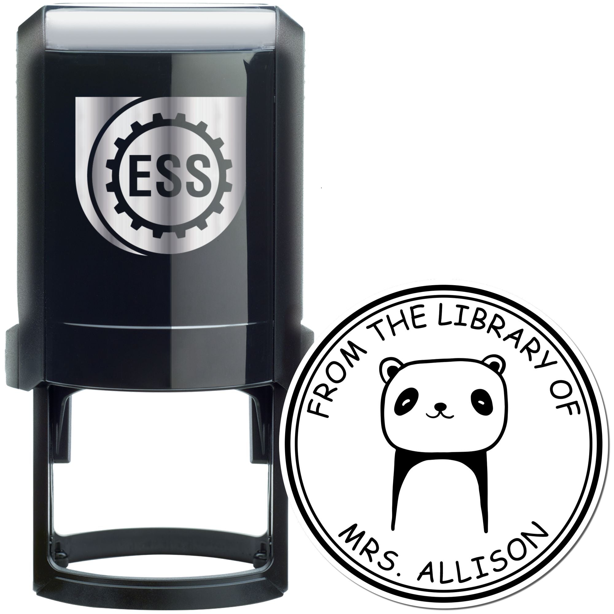 Image of a black self-inking stamp featuring a TumbleTuft cartoon animal design with the text "From the Library of Mrs. Allison." The stamp is custom-made for library books. Keywords: TumbleTuft Cartoon Animal Self-Inking Custom-Made Library Book Belongs To Stamp, Customized New Address Stamp.