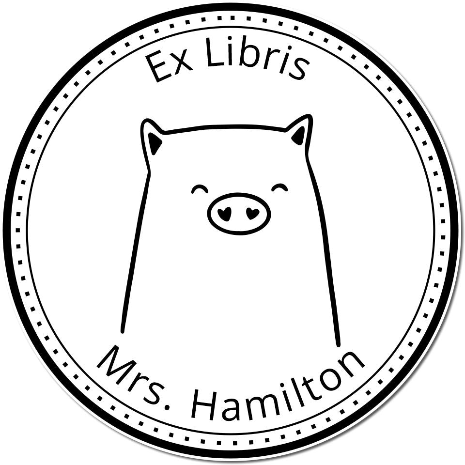 Cartoon animal stamp with "Ex Libris" and "Mrs. Hamilton" text. Features a wood handle WaddleWisk design, ideal for a customized address stamp or "From The Desk Of" stamp. Black circular border with dotted accents.