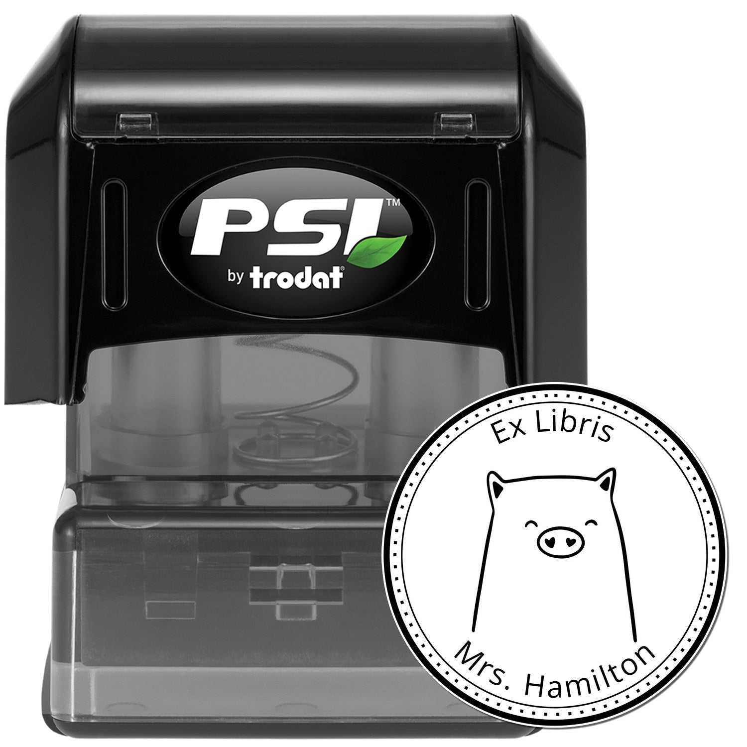 Image of a black PSI by Trodat stamp featuring a WaddleWisk cartoon animal design. The stamp is customizable for book libraries, with "Ex Libris Mrs. Hamilton" text. It also serves as a customized return mail stamp.