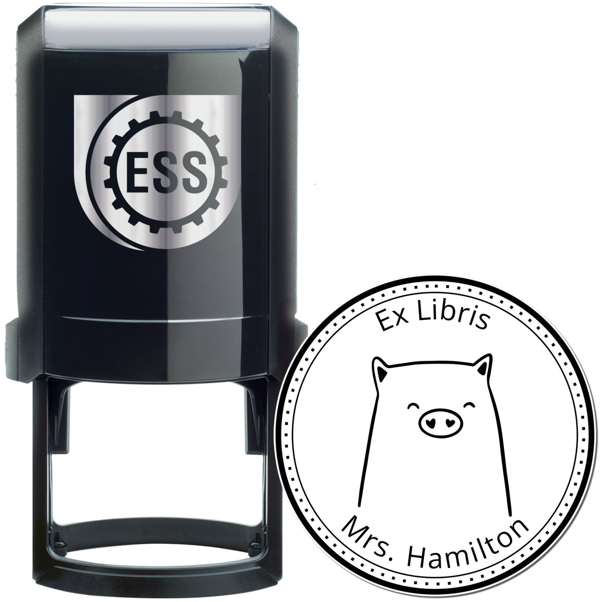 Black self-inking stamp featuring a WaddleWisk cartoon animal design. The stamp is custom-made for a library, displaying "Ex Libris" and "Mrs. Hamilton." Ideal as a custom mailing stamp for personal or professional use.