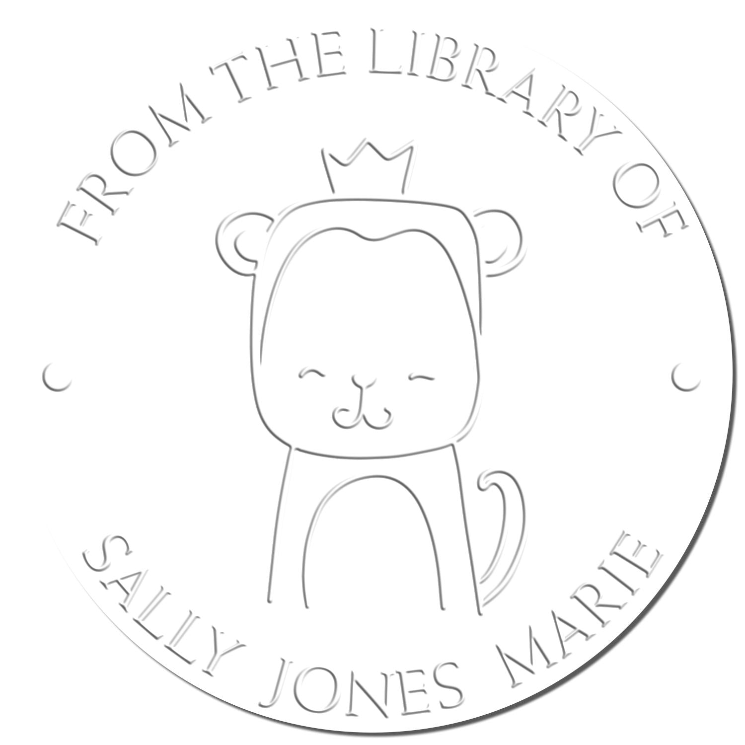 A ScribbleScrabble cartoon animal with a crown is featured on a circular desk seal. The text reads From the Library of Sally Jones Marie. This personalizable ex libris library seal can also be used as a personalizable return mail stamp.