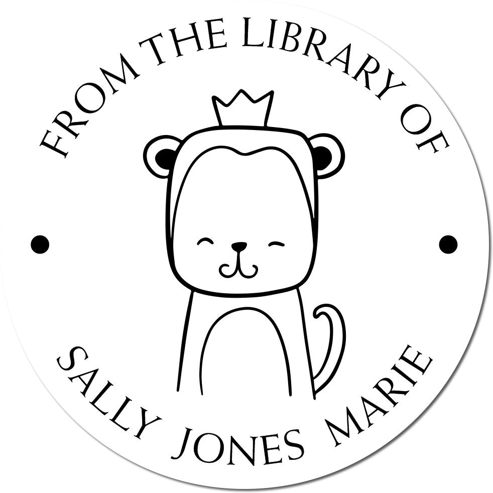 ScribbleScrabble Cartoon Animal Pre-Inked Customizable Name For Library Stamp featuring a cute crowned animal. Text reads "From the Library of Sally Jones Marie." Ideal as a Personalizable Home Stamper for book lovers.