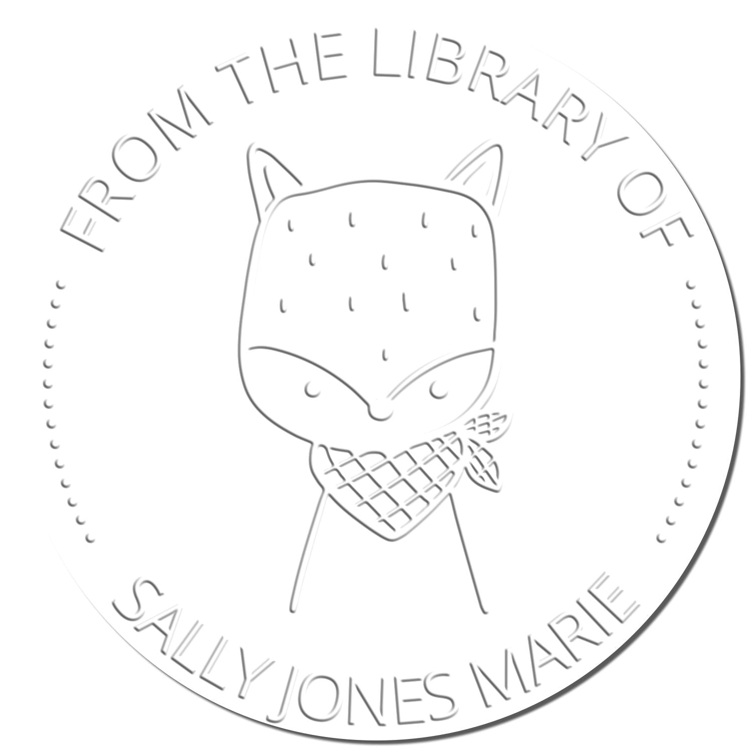 Embossing seal featuring a SnickerSnack cartoon animal with a scarf, surrounded by the text "From The Library Of Sally Jones Marie." Ideal for a personalized touch, it complements a custom return mail stamper for office use.