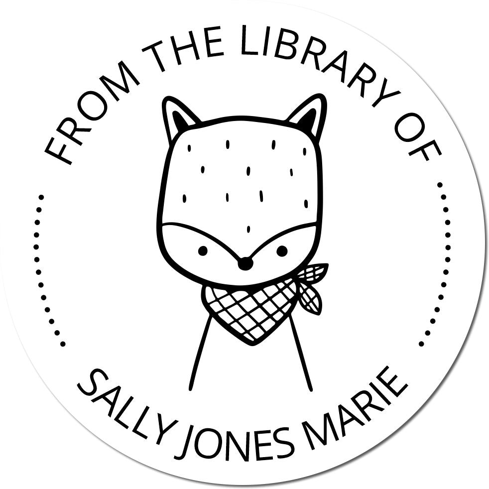 Cartoon animal with a bandana on a customized book label stamp. Text reads "From the Library of Sally Jones Marie." Keywords: Wood Handle SnickerSnack Cartoon Animal Customized Book Label Stamp, Personalized Address Stamp.