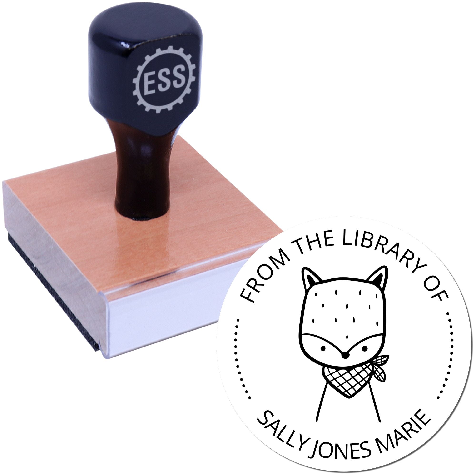 Wood handle stamp with "ESS" logo, featuring a SnickerSnack cartoon animal design on a customized book label. Includes text "From the Library of Sally Jones Marie." Personalizable return mail stamper shown on a white background.