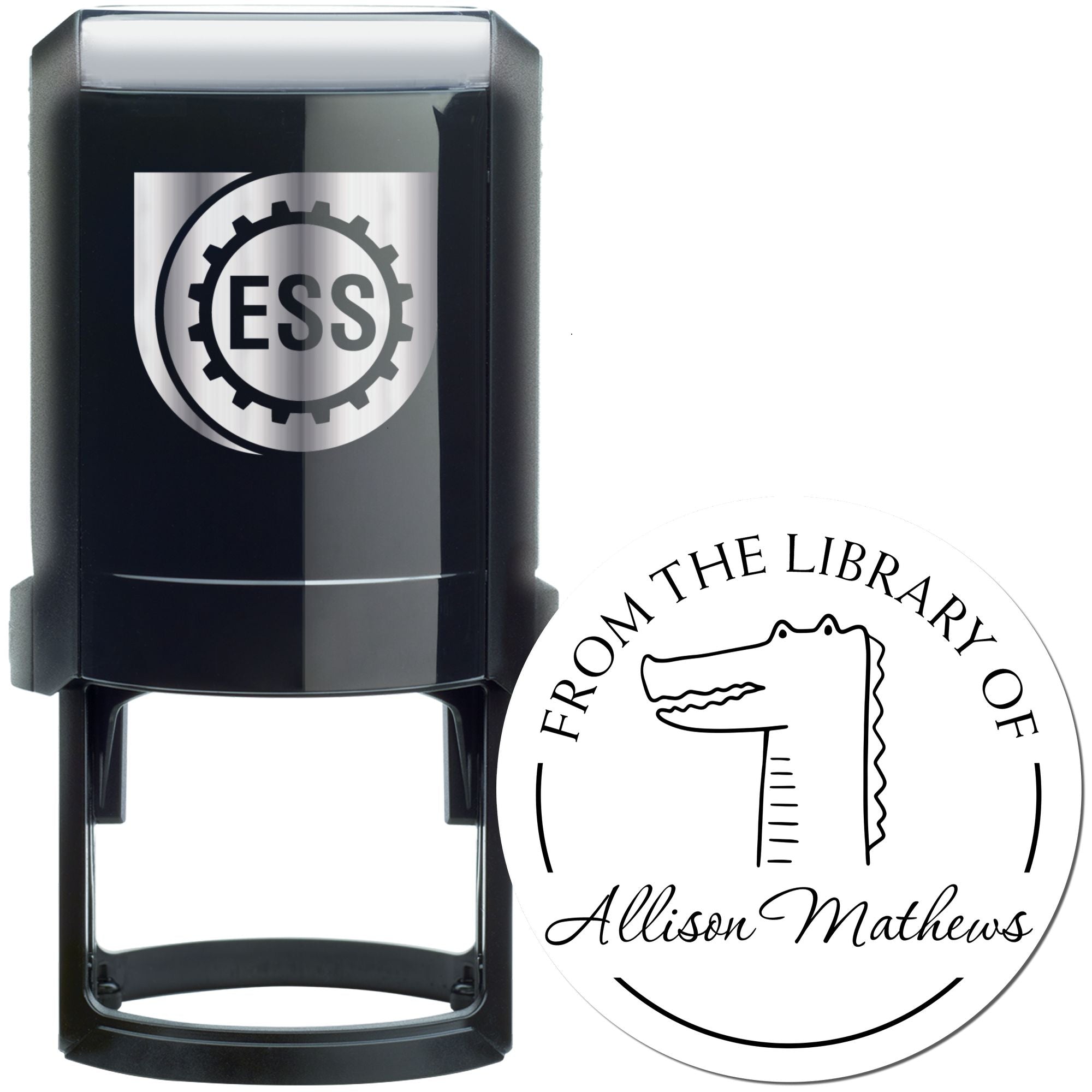 NoodleNose Cartoon Animal Self-Inking Personalizable Ex Libris Stamp featuring a crocodile design with "From the Library of Allison Mathews" text. The Customized Mailing Stamp is black with an ESS logo, ideal for personalizing books and mail.