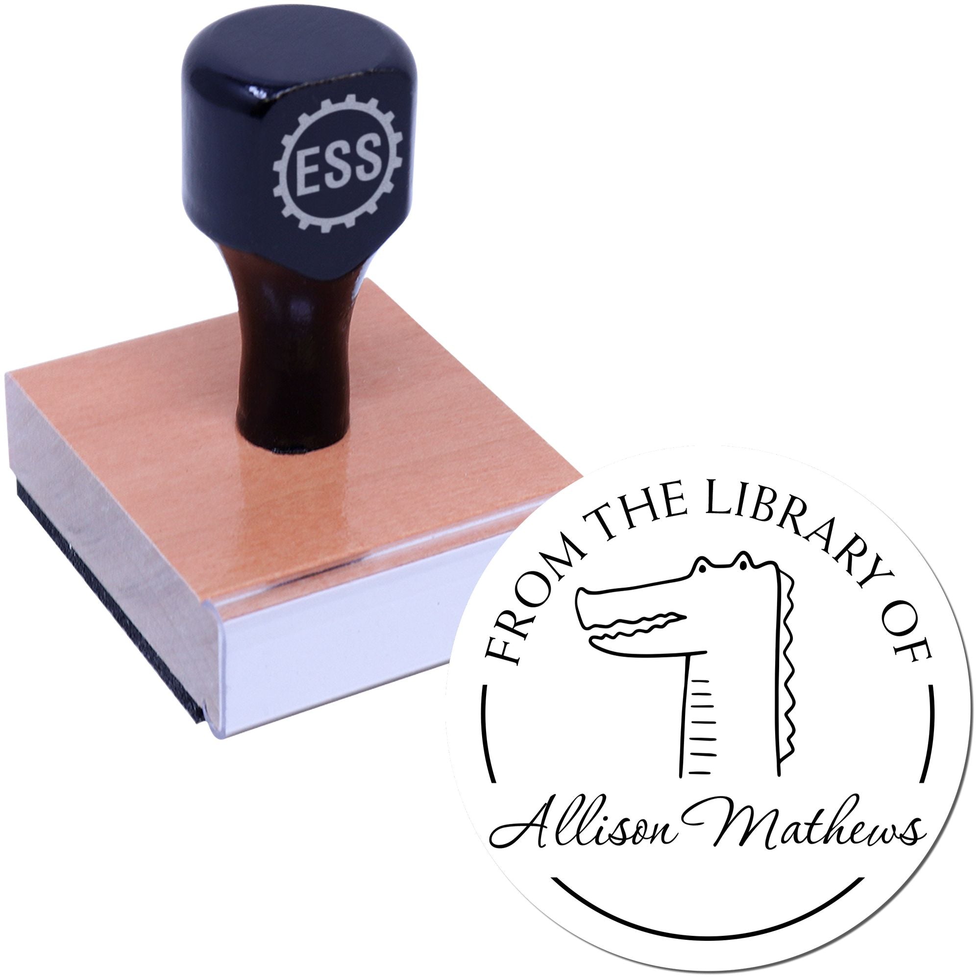 Wood handle stamp with "ESS" logo, featuring a NoodleNose cartoon animal design. The stamp is customized for library books and includes a custom address stamp option.
