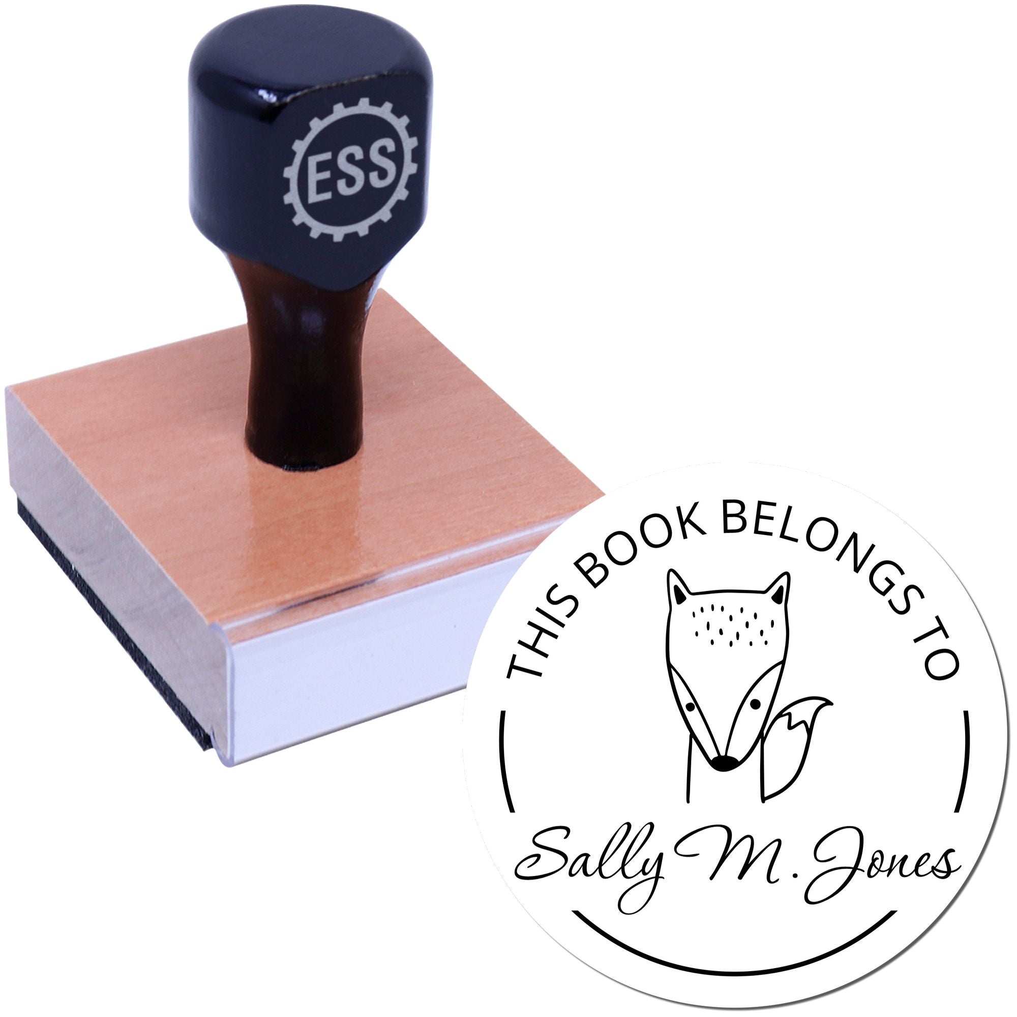 Wood handle stamp with "ESS" logo, featuring a BlinkBounce cartoon animal design for a customized book return stamp. Includes a custom-made new address stamper option.