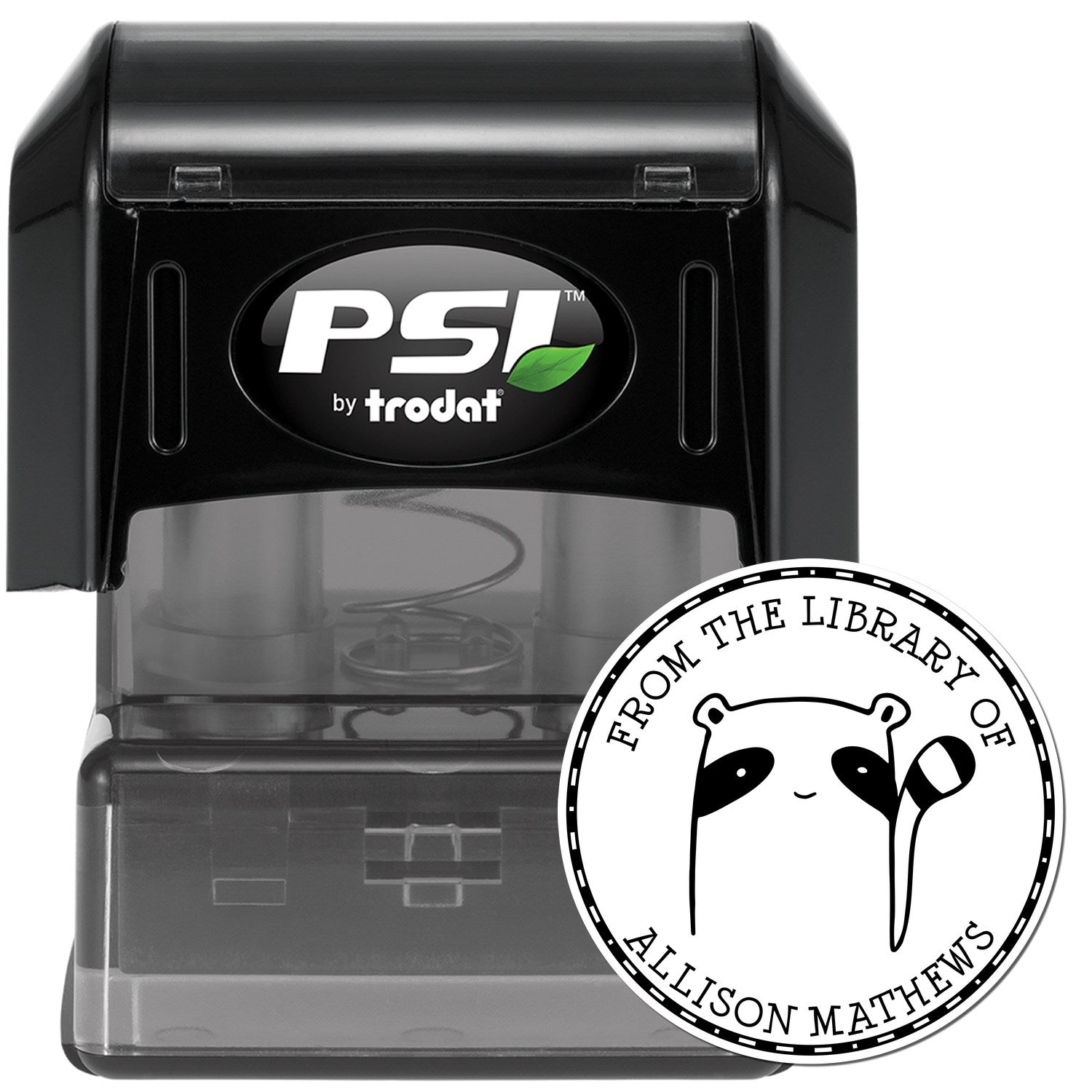 FreckleFlop Cartoon Animal Pre-Inked Customizable Belongs To The Library Of Stamp featuring a cute animal design. The custom-made mailing stamp is black with a transparent base, showcasing the text 'From the Library of Allison Mathews' around the cartoon.