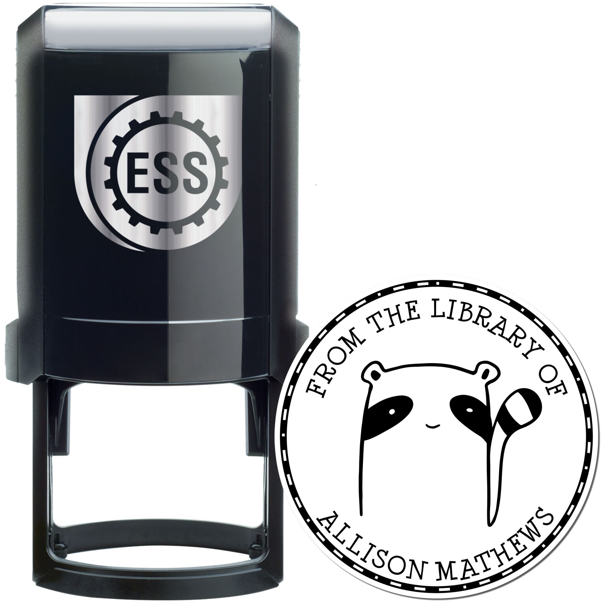 FreckleFlop Cartoon Animal Self-Inking Personalizable Ex Libris Art Stamp featuring a cute animal design with 'From the Library of Allison Matthews.' Includes a Custom New Address Stamp option, shown in a sleek black self-inking stamp design.