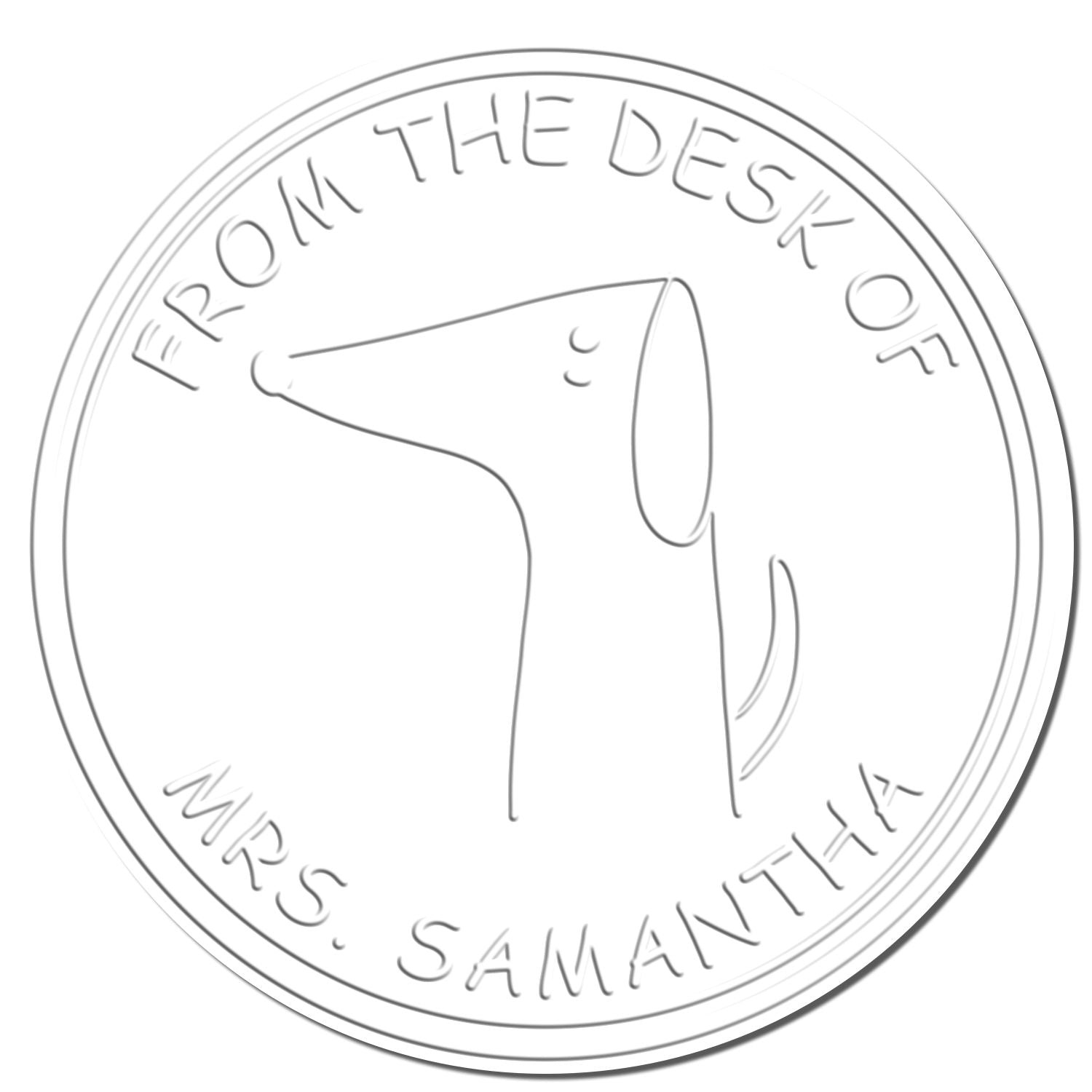 A custom-made book identity embosser featuring a soft WiggleWag cartoon animal design. The circular stamp reads From the Desk of Mrs. Samantha. This personalized address stamper adds a unique touch to stationery.
