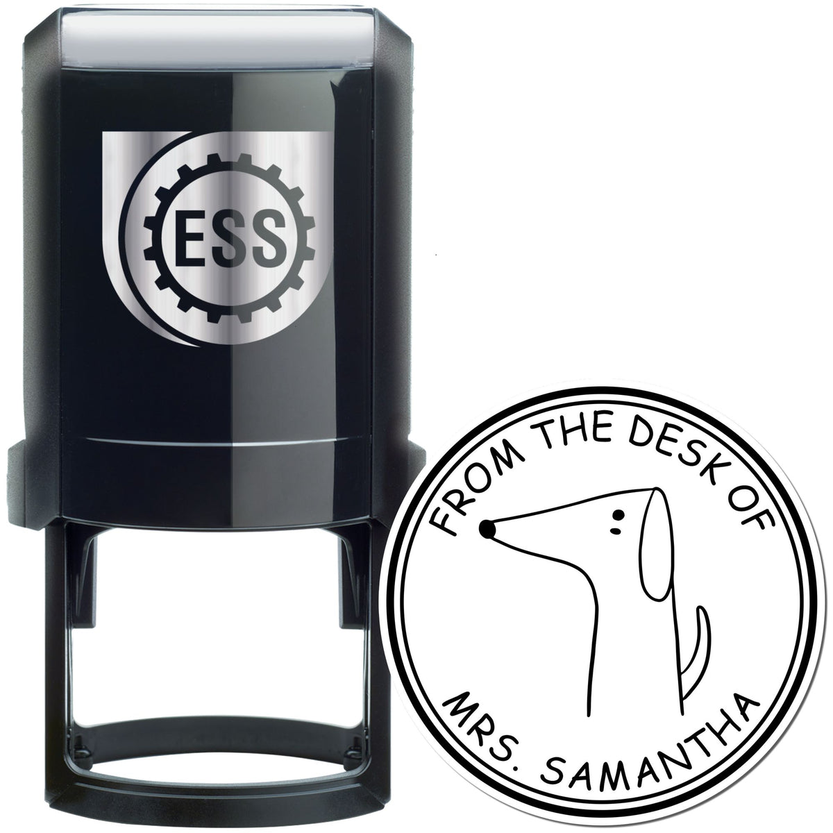 Black self-inking stamp featuring a WiggleWag Cartoon Animal design with a dog and the text 'From the desk of Mrs. Samantha.' Includes a Custom-Made New Address Stamper option with a gear logo marked 'ESS.'