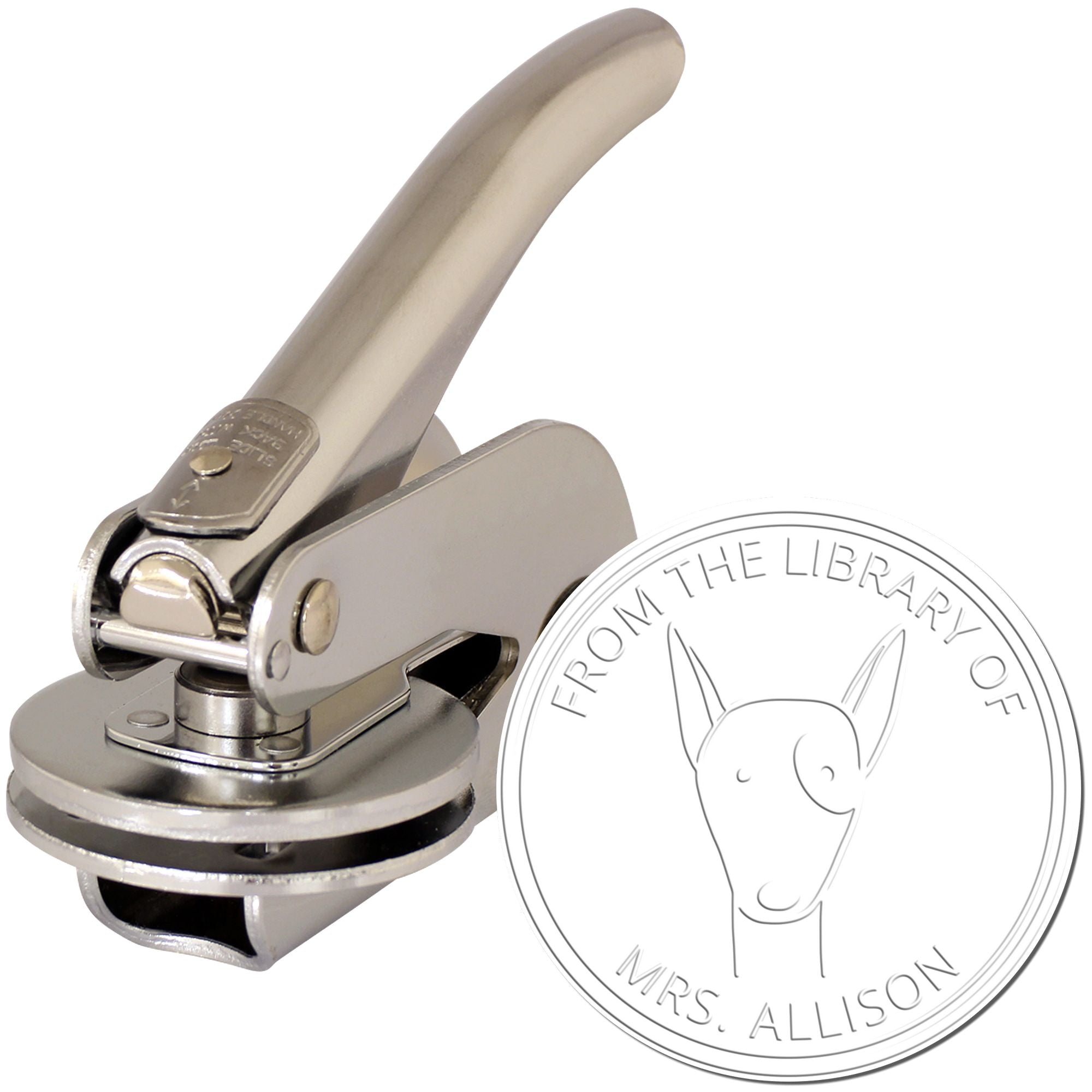 Image of a handheld embossing seal featuring a RuffleRump cartoon animal design. The seal is personalized with "From the Library of Mrs. Allison," ideal for book lovers. Keywords: RuffleRump Cartoon Animal, Handheld Personalized Book Lover Gift, Embossing Seal, Personalizable Mailing Stamp.