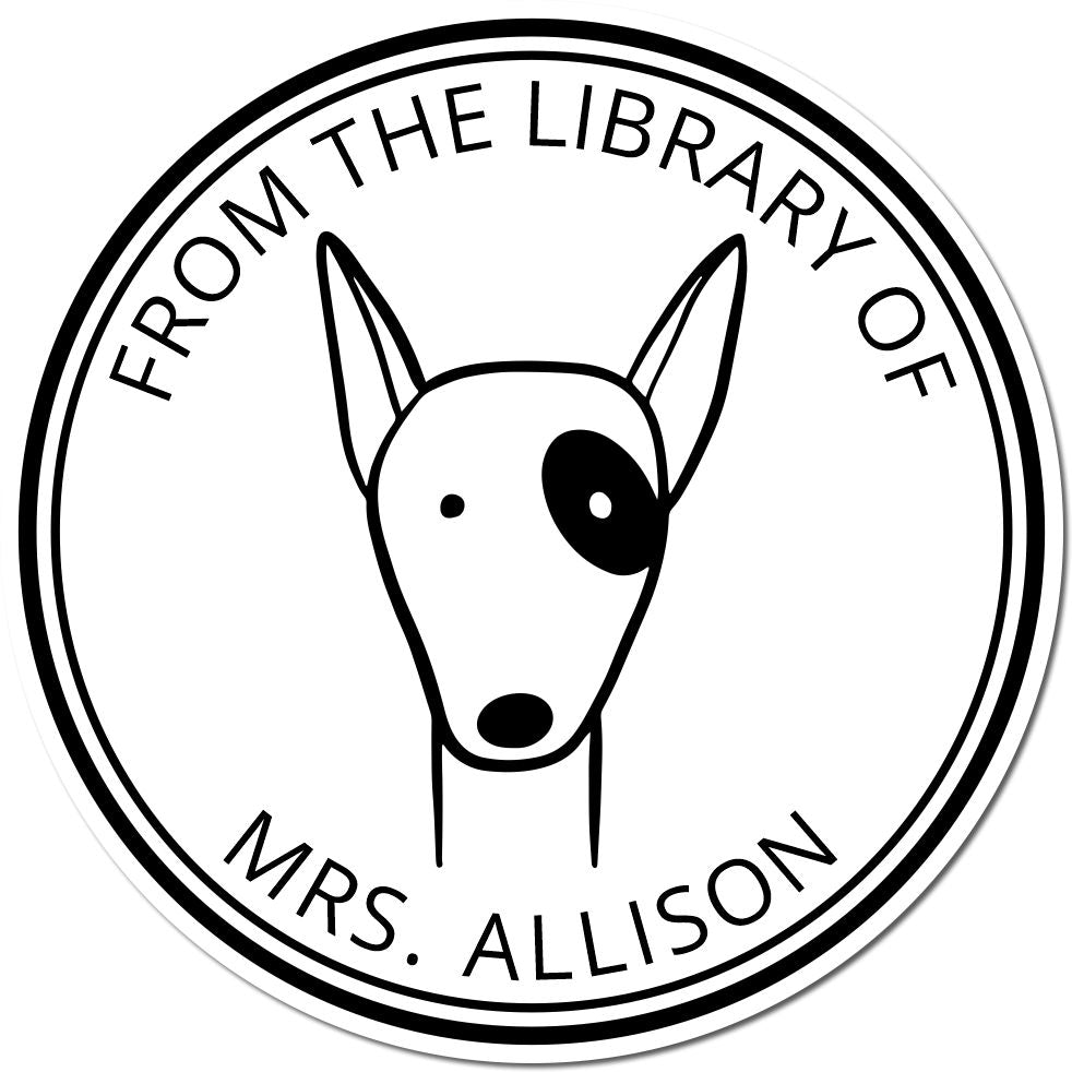 Cartoon animal stamp featuring a Slim Pre-Inked RuffleRump design with customizable text "From the Library of Mrs. Allison." Ideal for a Customizable New Address Stamp, showcasing a simple, circular black and white illustration.