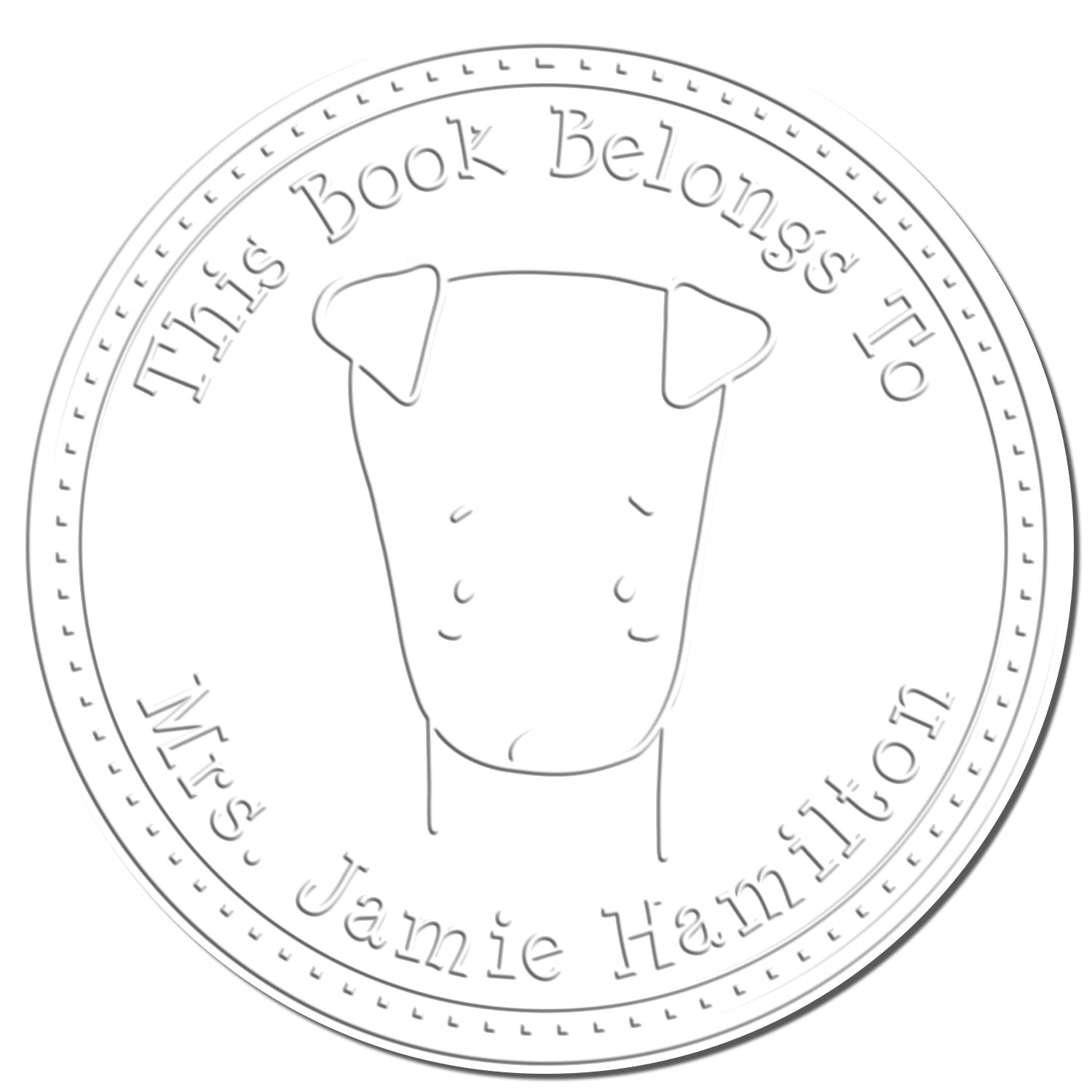 Embossed seal featuring a Soft SizzleSniff cartoon animal with floppy ears, labeled "This Book Belongs To Mrs. Jamie Hamilton." The design is a custom-made book identity embossing seal, also usable as a customizable return mail stamper.